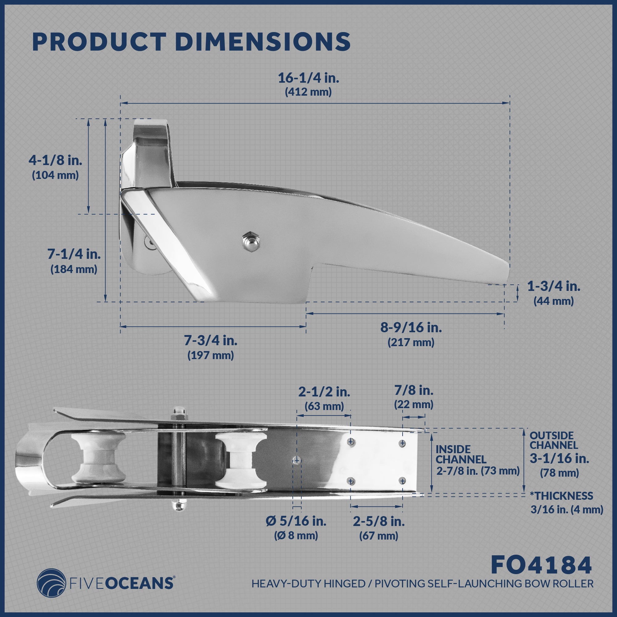 Pivoting Self-launching Anchor Bow Roller, Length 16-1/4", Stainless Steel - FO4184 - Five Oceans