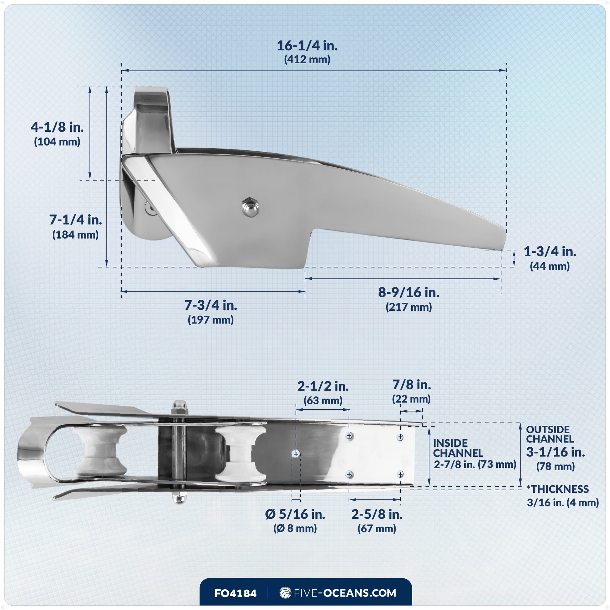 16-1/4" Hinged Self-Launching Anchor Bow Roller, AISI316 Stainless Steel - FO4184 - Five Oceans