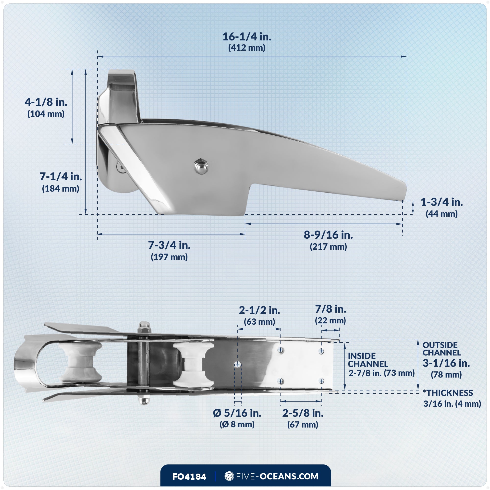 16-1/4" Hinged Self-Launching Anchor Bow Roller, AISI316 Stainless Steel - FO4184 - Five Oceans