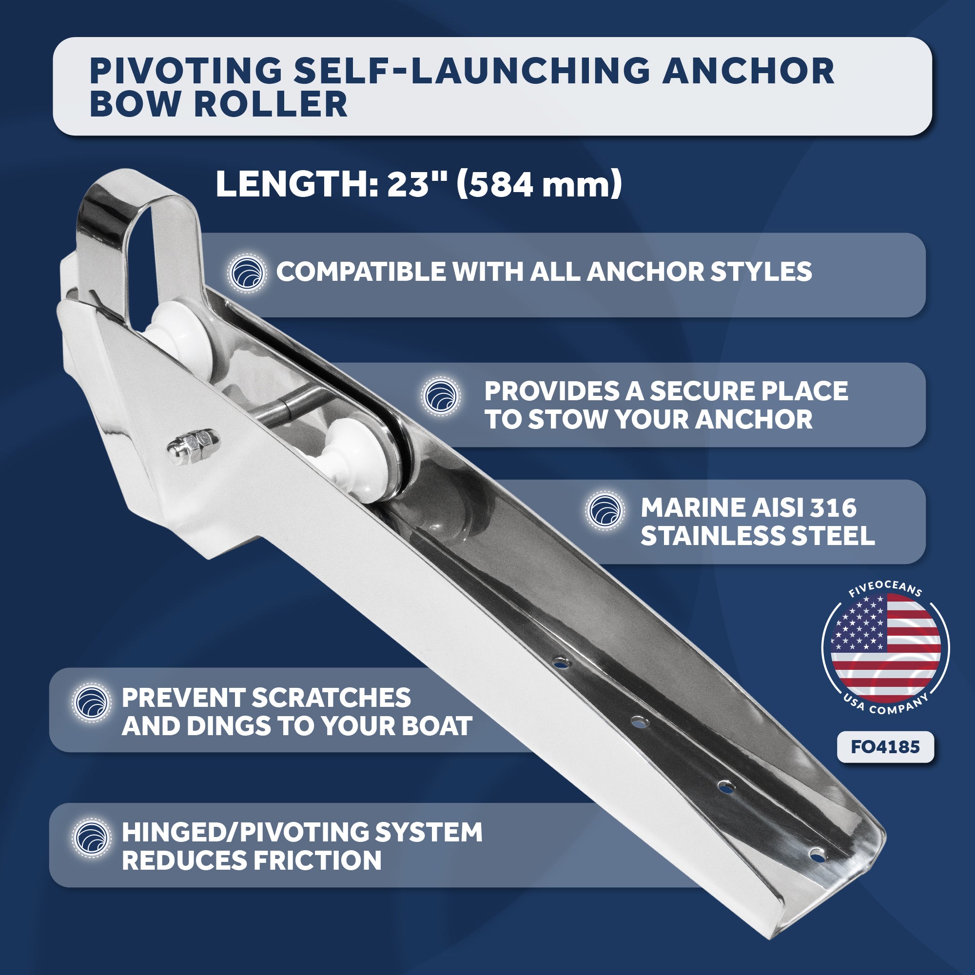 Pivoting Self-launching Anchor Bow Roller, Length 23", Stainless Steel - FO4185 - Five Oceans