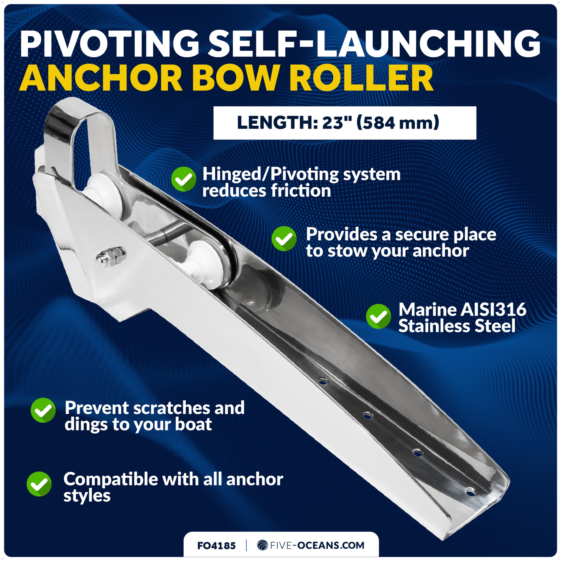 23" Self-Launching Anchor Bow Roller, AISI316 Stainless Steel - FO4185 - Five Oceans