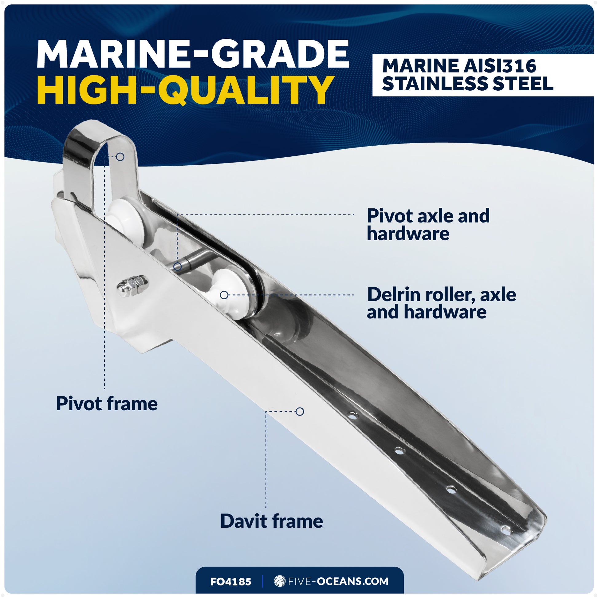 Pivoting Self-launching Anchor Bow Roller, Length 23", Stainless Steel - FO4185 - Five Oceans