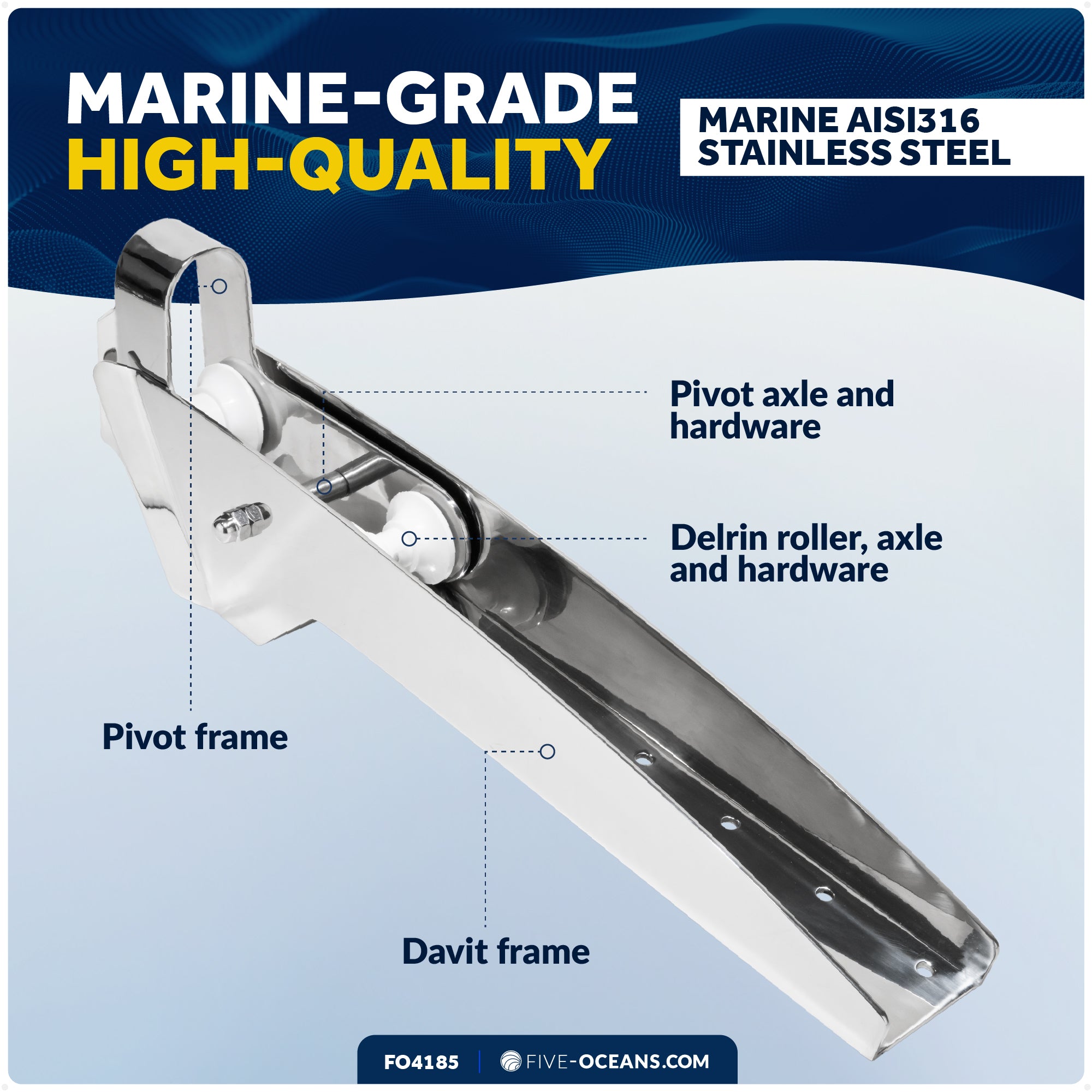 23" Self-Launching Anchor Bow Roller, AISI316 Stainless Steel - FO4185 - Five Oceans