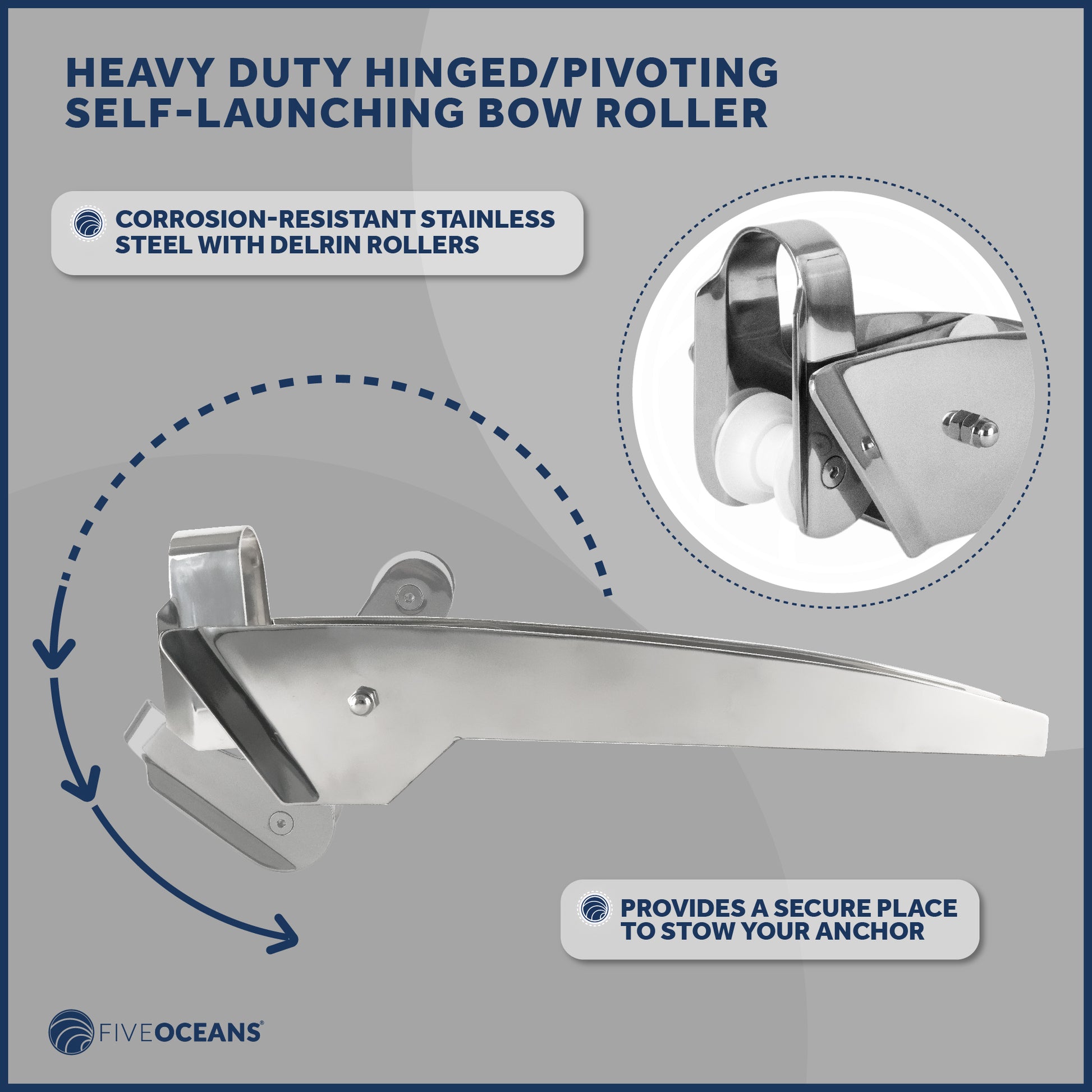 Pivoting Self-launching Anchor Bow Roller, Length 23", Stainless Steel - FO4185 - Five Oceans