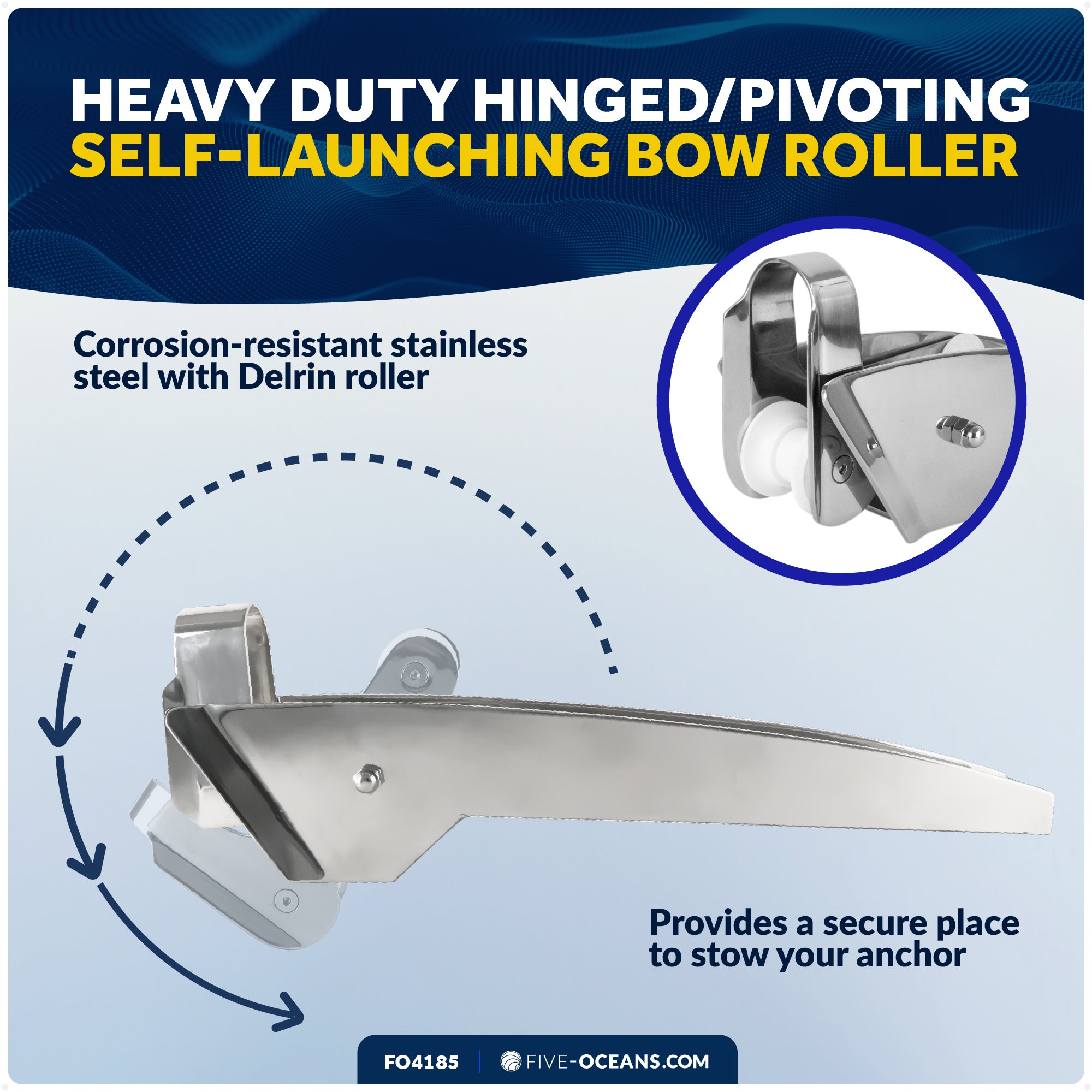 Pivoting Self-launching Anchor Bow Roller, Length 23", Stainless Steel - FO4185 - Five Oceans