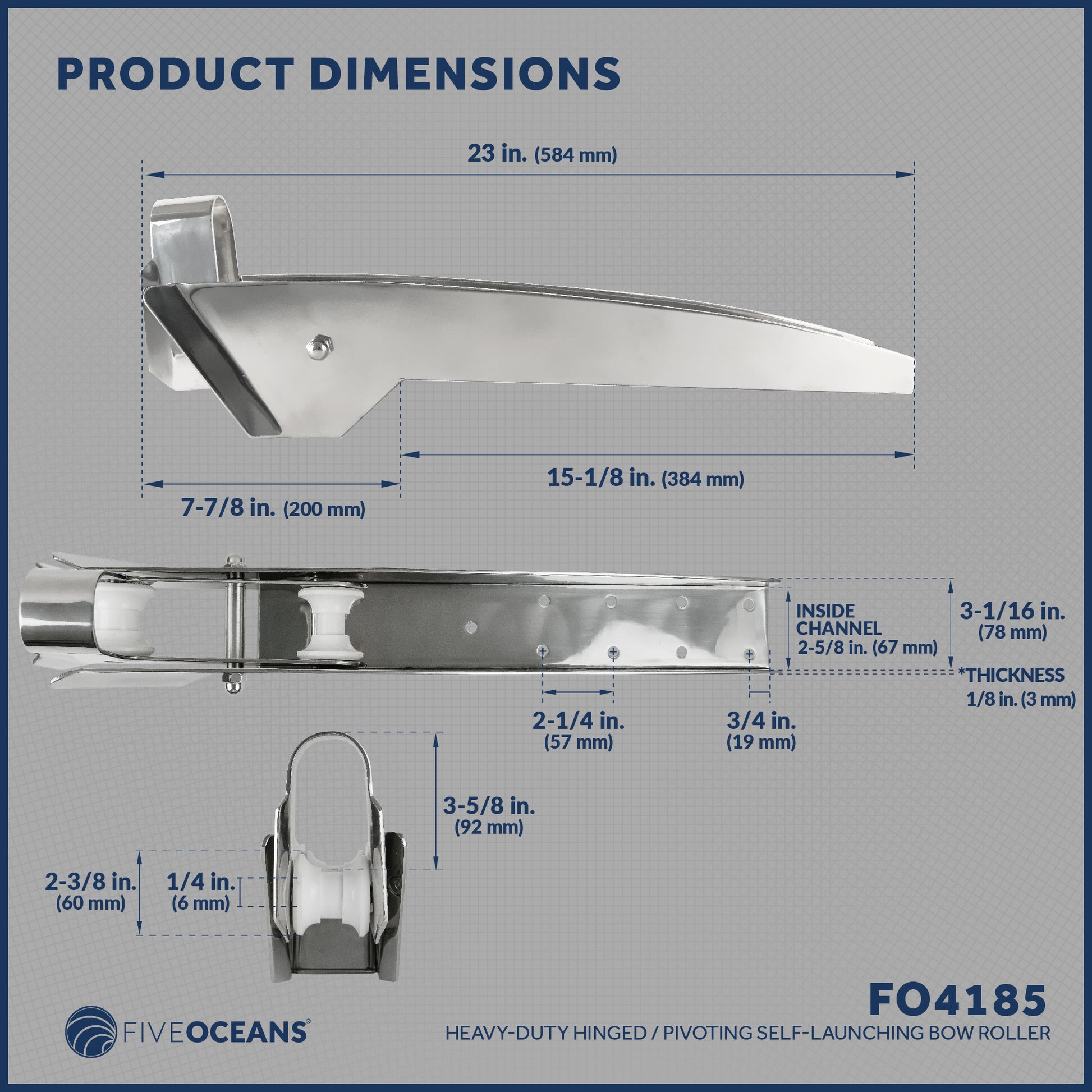 Pivoting Self-launching Anchor Bow Roller, Length 23", Stainless Steel - FO4185 - Five Oceans