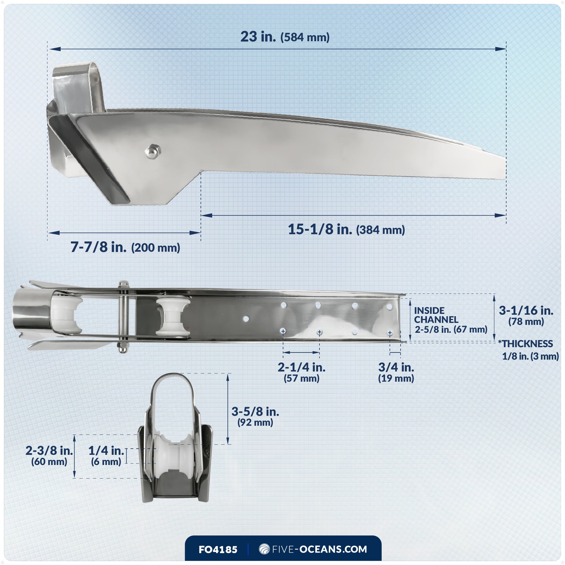 Pivoting Self-launching Anchor Bow Roller, Length 23", Stainless Steel - FO4185 - Five Oceans