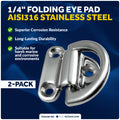 1/4" Folding Pad Eye, AISI316 Stainless Steel, 2-Pack