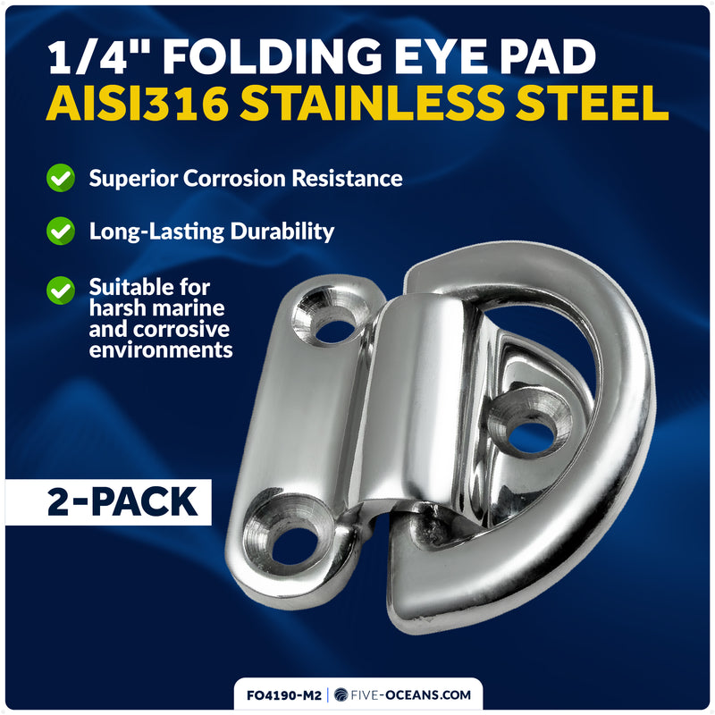 1/4" Folding Pad Eye, AISI316 Stainless Steel, 2-Pack