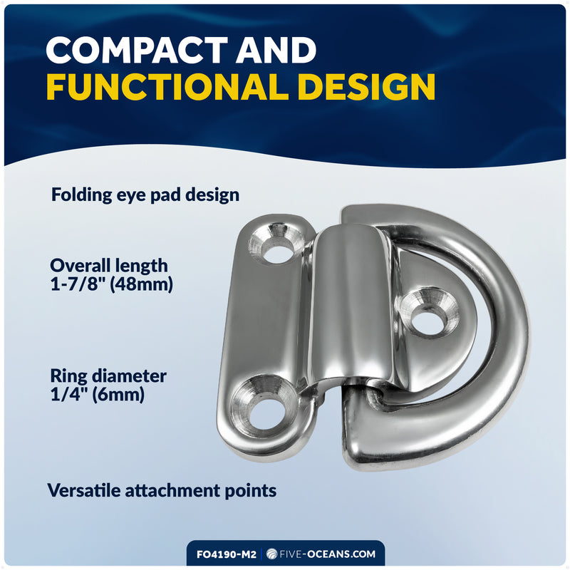 1/4" Folding Pad Eye, AISI316 Stainless Steel, 2-Pack