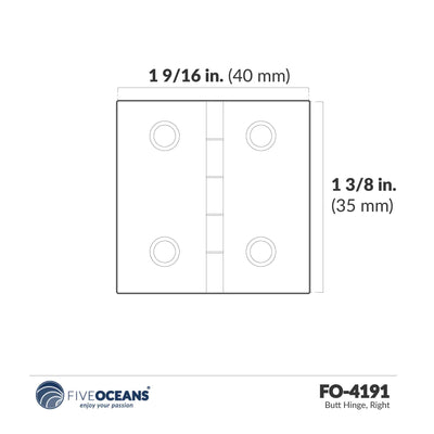 Butt Hinge for Cabinet, Door & Furniture, Right, AISI 316 Stainless Steel - FO4191 - Five Oceans