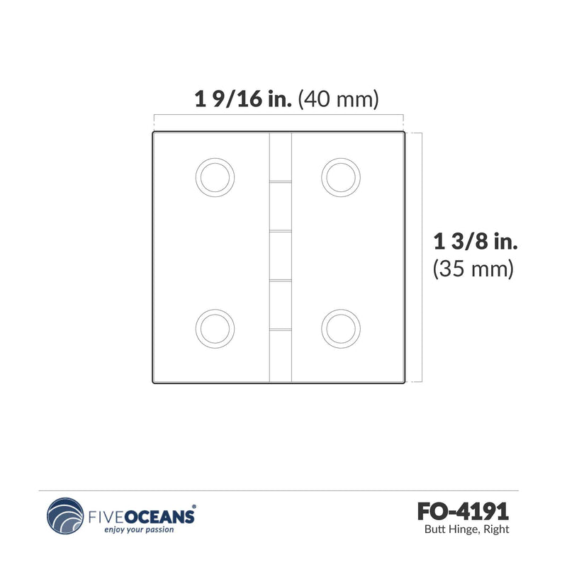 Butt Hinge for Cabinet, Door & Furniture, Right, AISI 316 Stainless Steel - FO4191 - Five Oceans