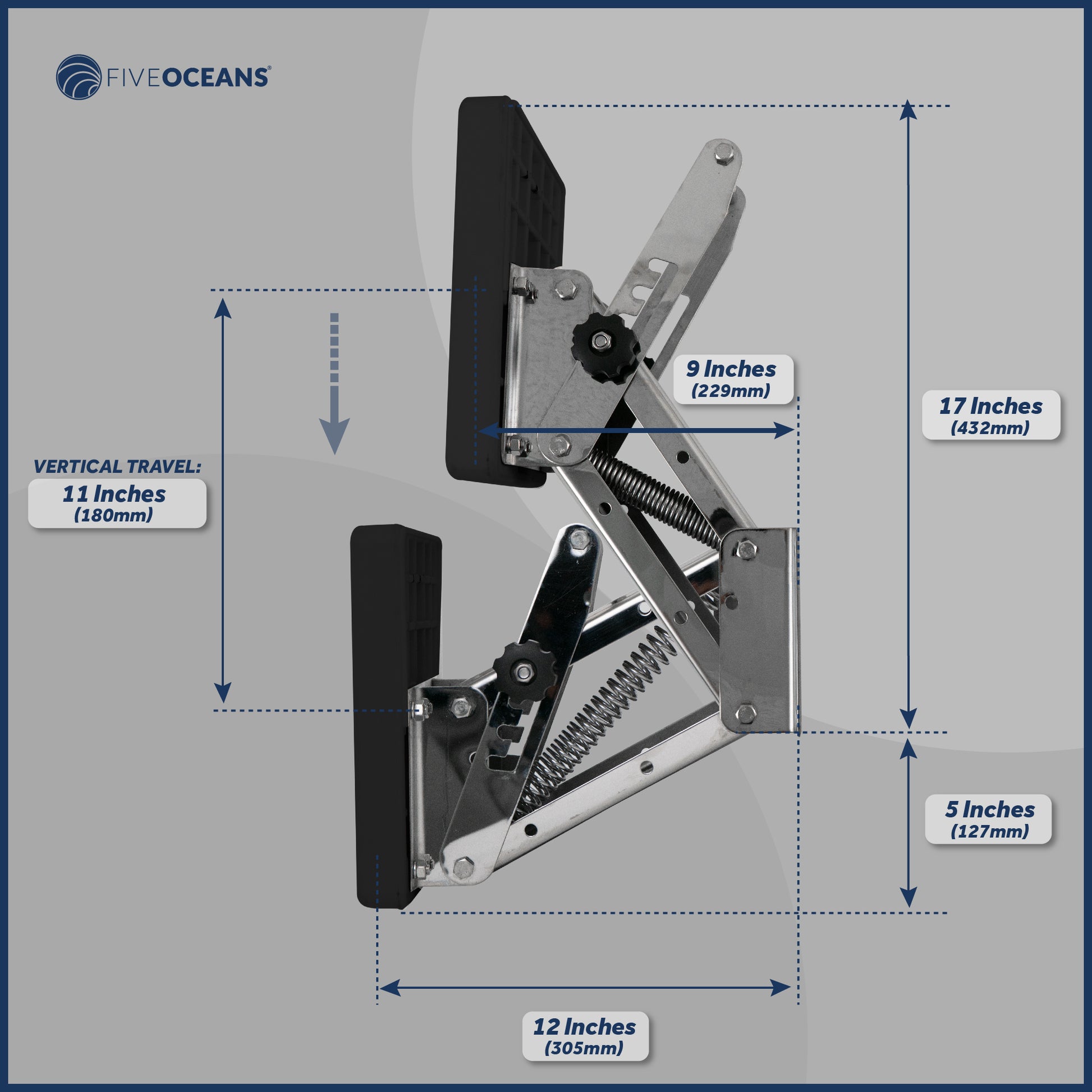 Adjustable Outboard Motor Bracket, Max. 25 Hp, Max. 130 Lb, 11-Inch of Travel, 316 Stainless Steel, Black Board - FO4205 - Five Oceans