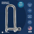 Pin Long D Shackles, 3/16" Stainless Steel - FO420 - Five Oceans