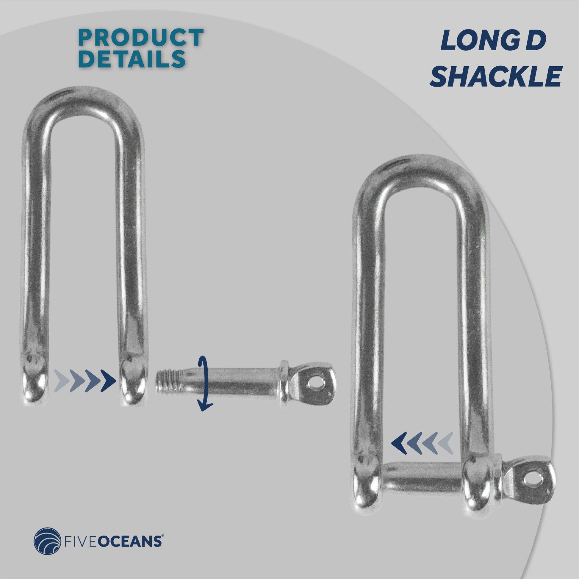 Pin Long D Shackles, 3/16" Stainless Steel - FO420 - Five Oceans