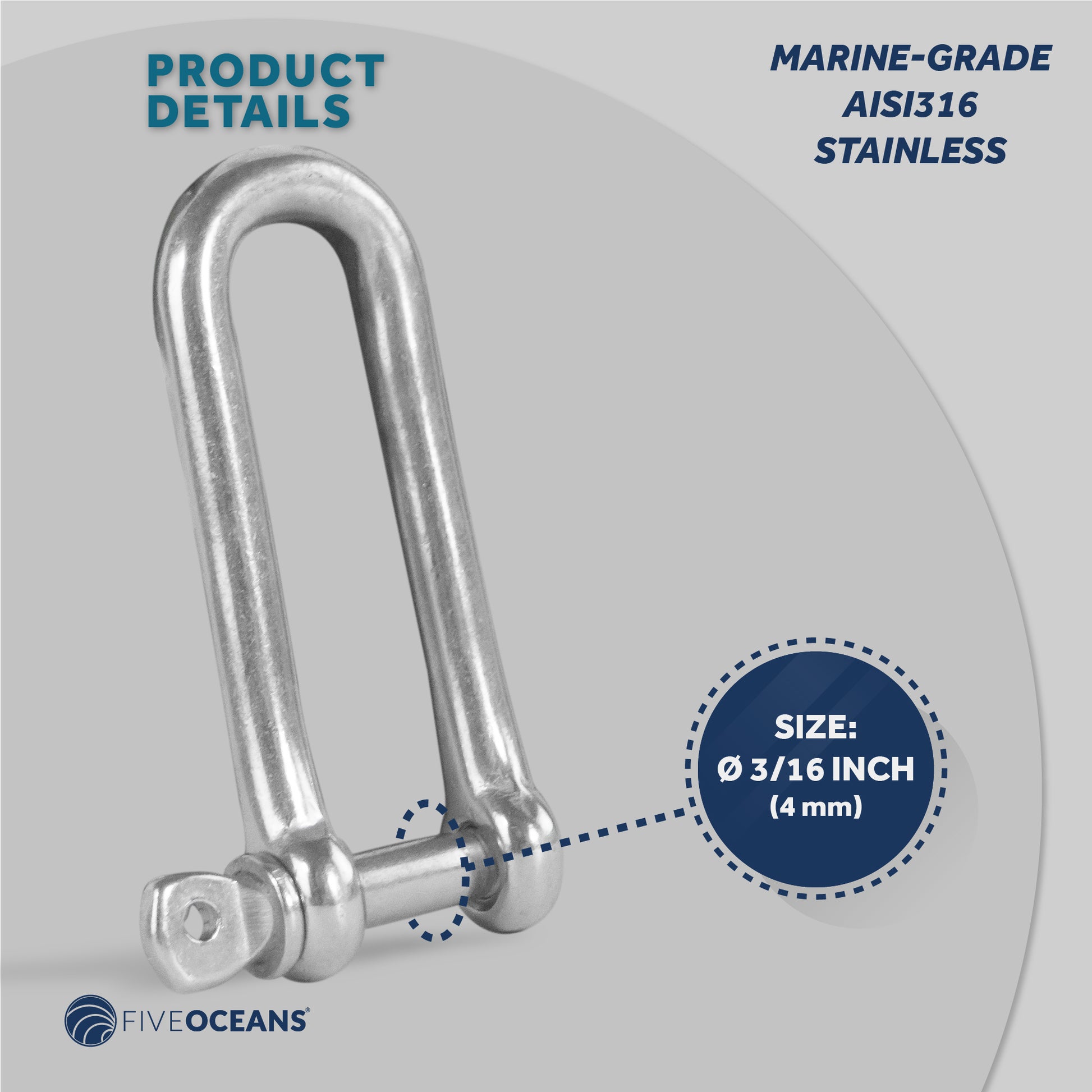 Pin Long D Shackles, 3/16" Stainless Steel - FO420 - Five Oceans