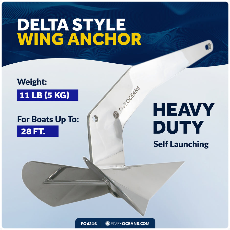 11 Lb / 5 Kg. Delta Style Anchor, AISI316 Stainless Steel - Five Oceans