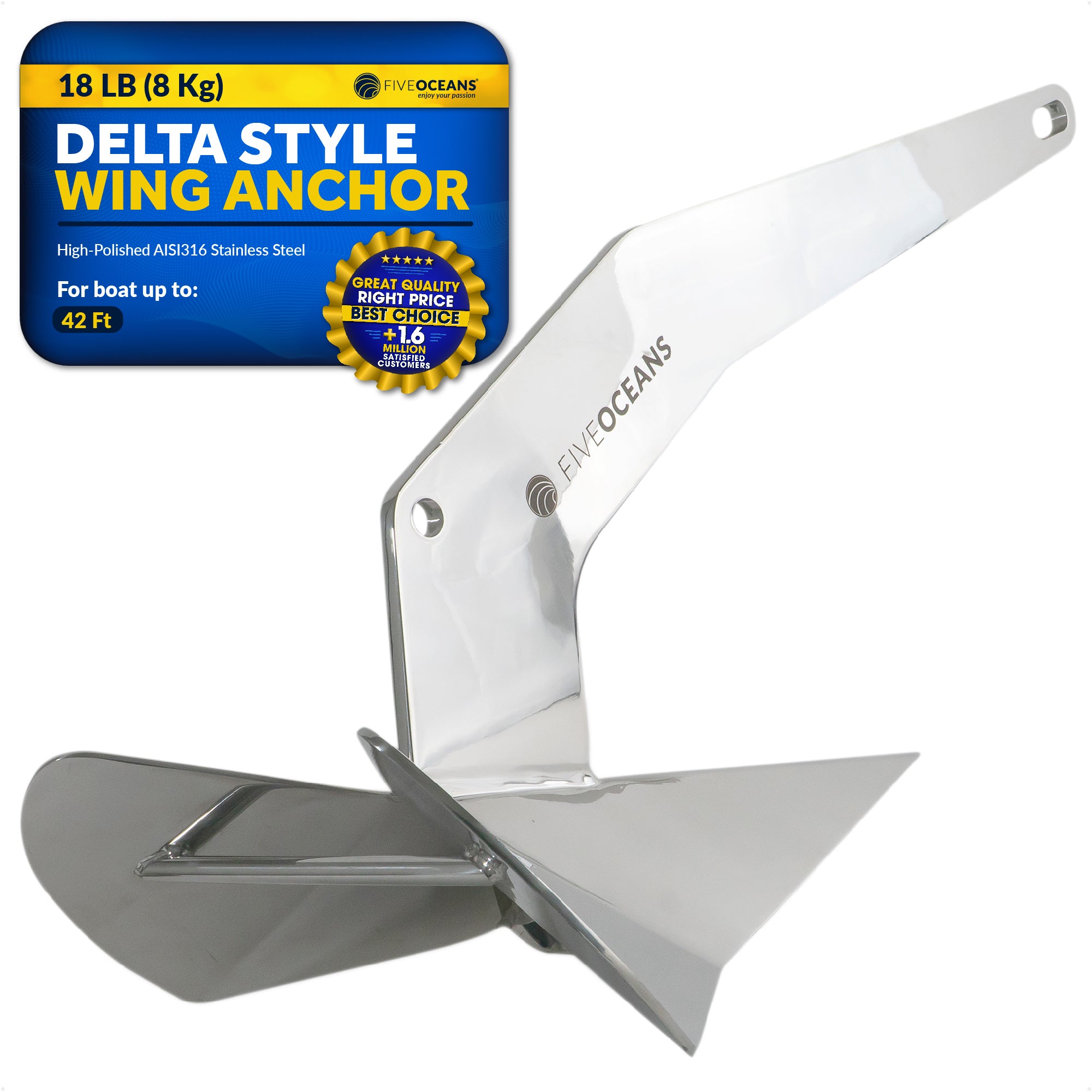 Delta Style Wing Anchor, 18 Lb, Stainless Steel - FO4217 - Five Oceans