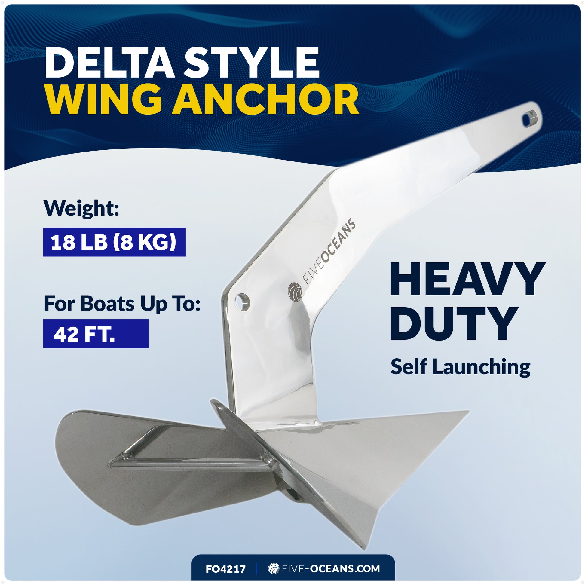 18 Lb Delta Style Wing Anchor, Stainless Steel - FO4217 - Five Oceans
