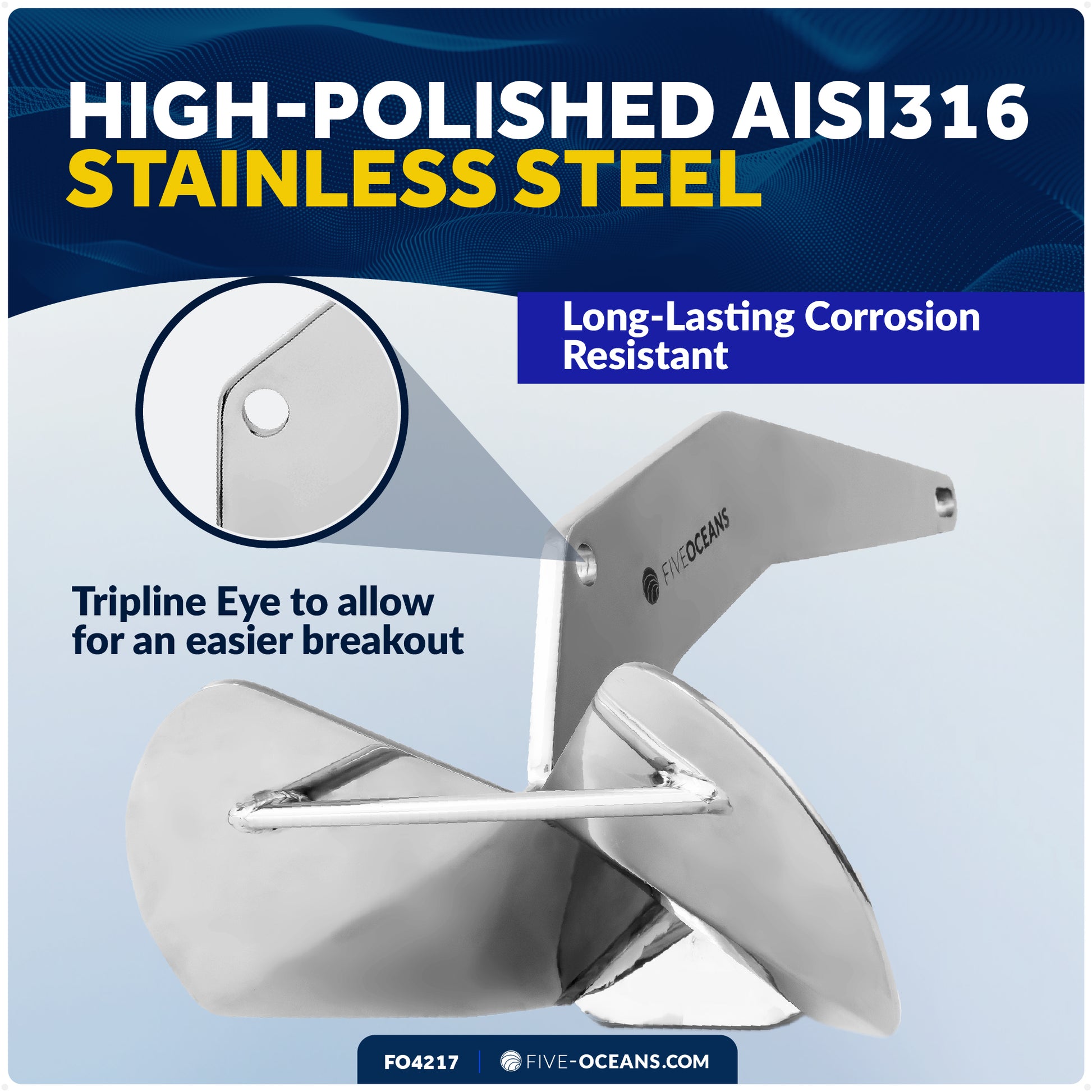 18 Lb Delta Style Wing Anchor, Stainless Steel - FO4217 - Five Oceans