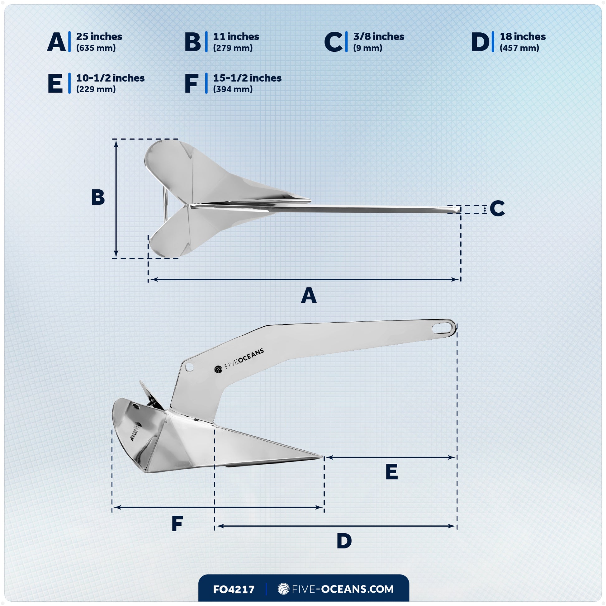 18 Lb Delta Style Wing Anchor, Stainless Steel - FO4217 - Five Oceans