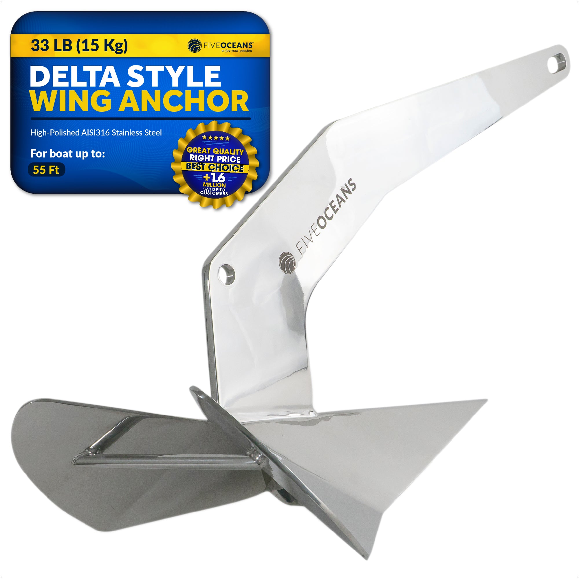 Delta Style Wing Anchor, 33 Lb, Stainless Steel - FO4218 - Five Oceans