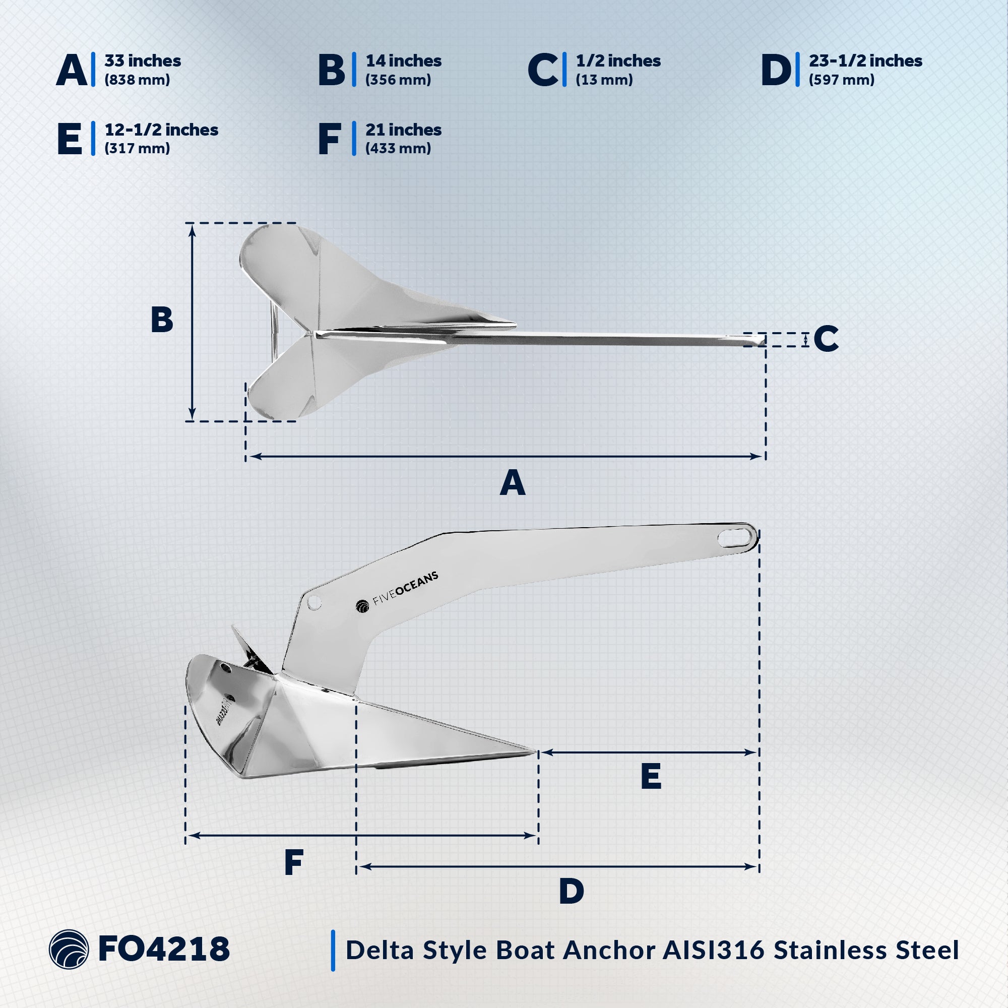 Delta Style Wing Anchor, 33 Lb, Stainless Steel - FO4218
