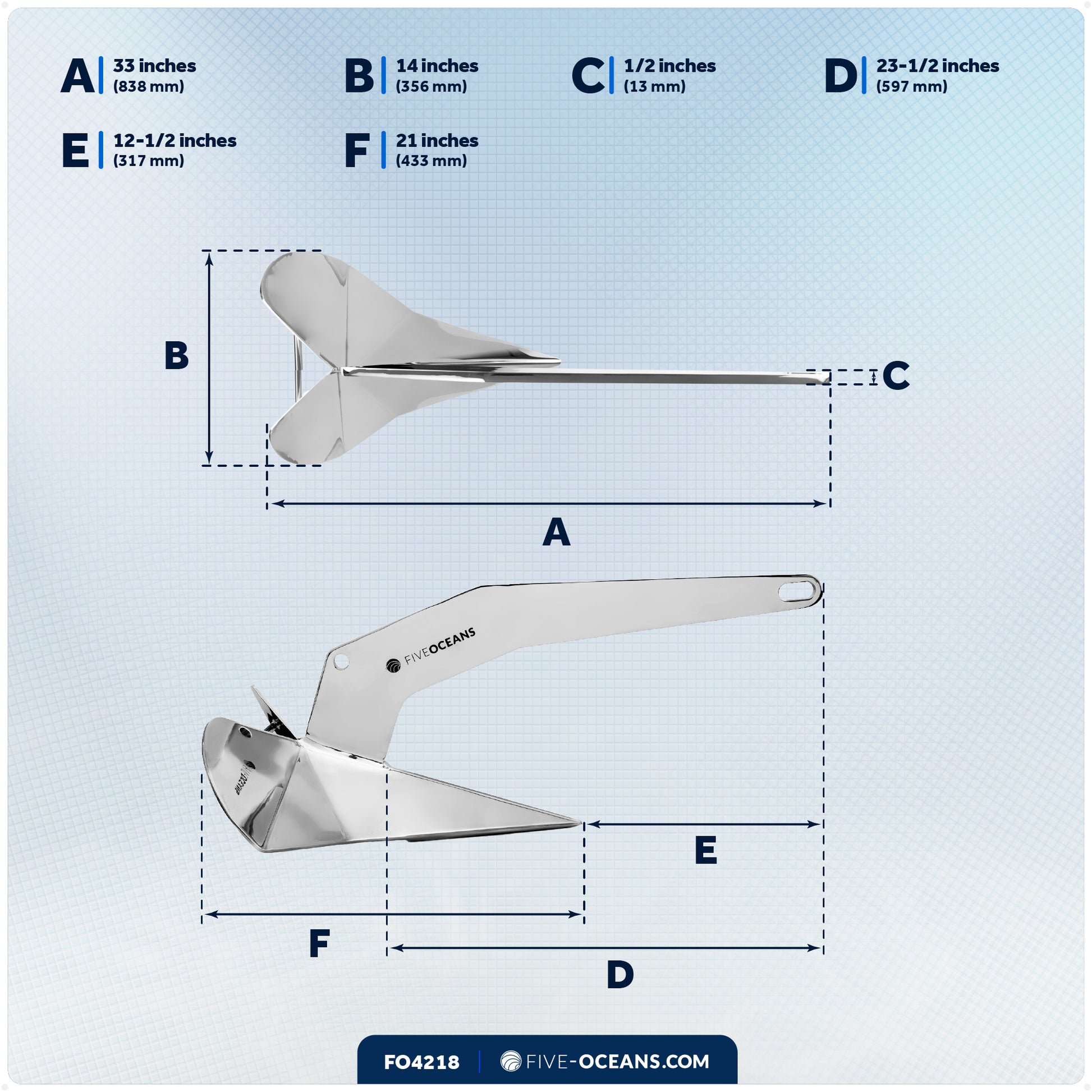 33 Lb Delta Style Wing Anchor, Stainless Steel - FO4218 - Five Oceans