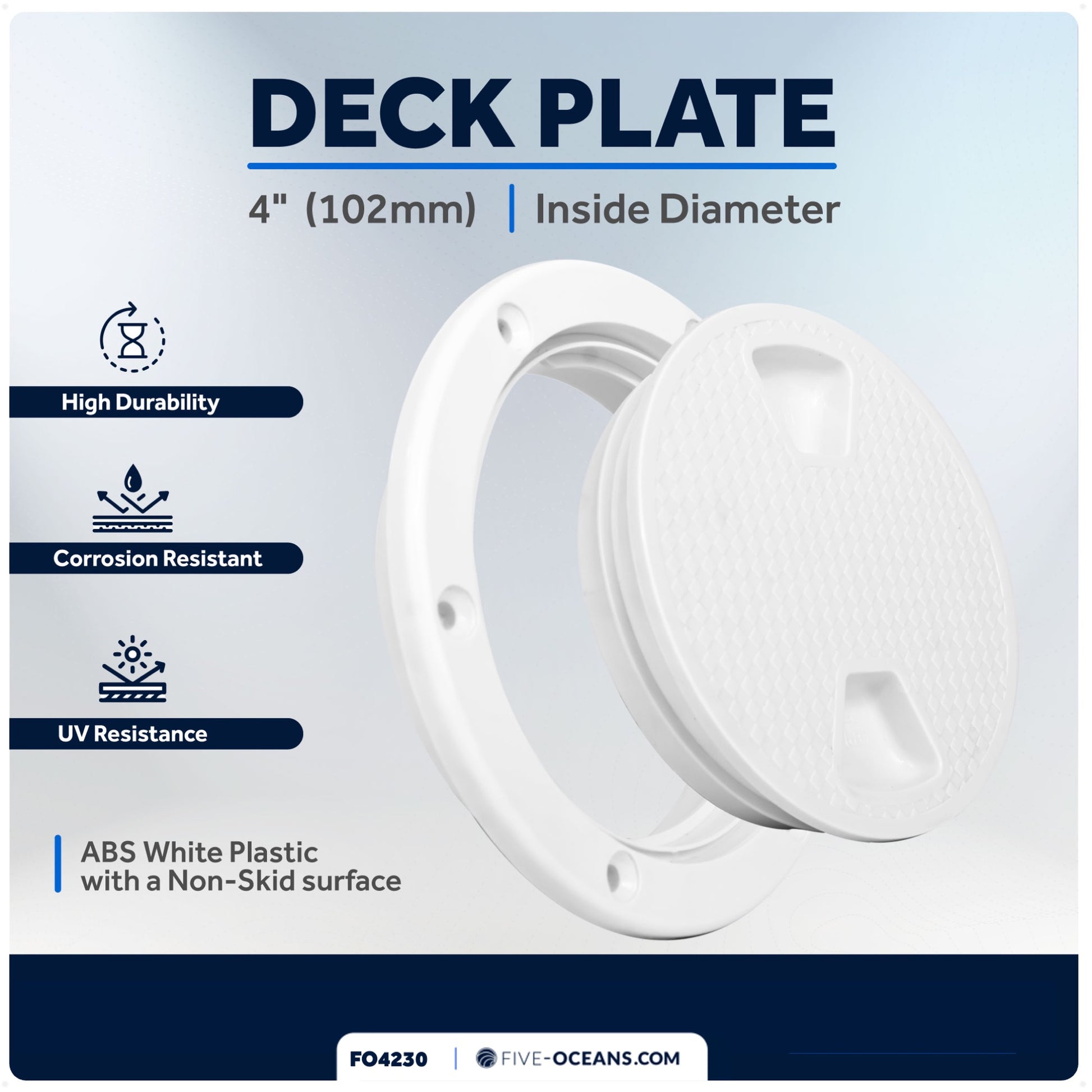4" Deck Plate, Round Screw-in, Non-skid, White - Premium Series - FO4230 - Five Oceans