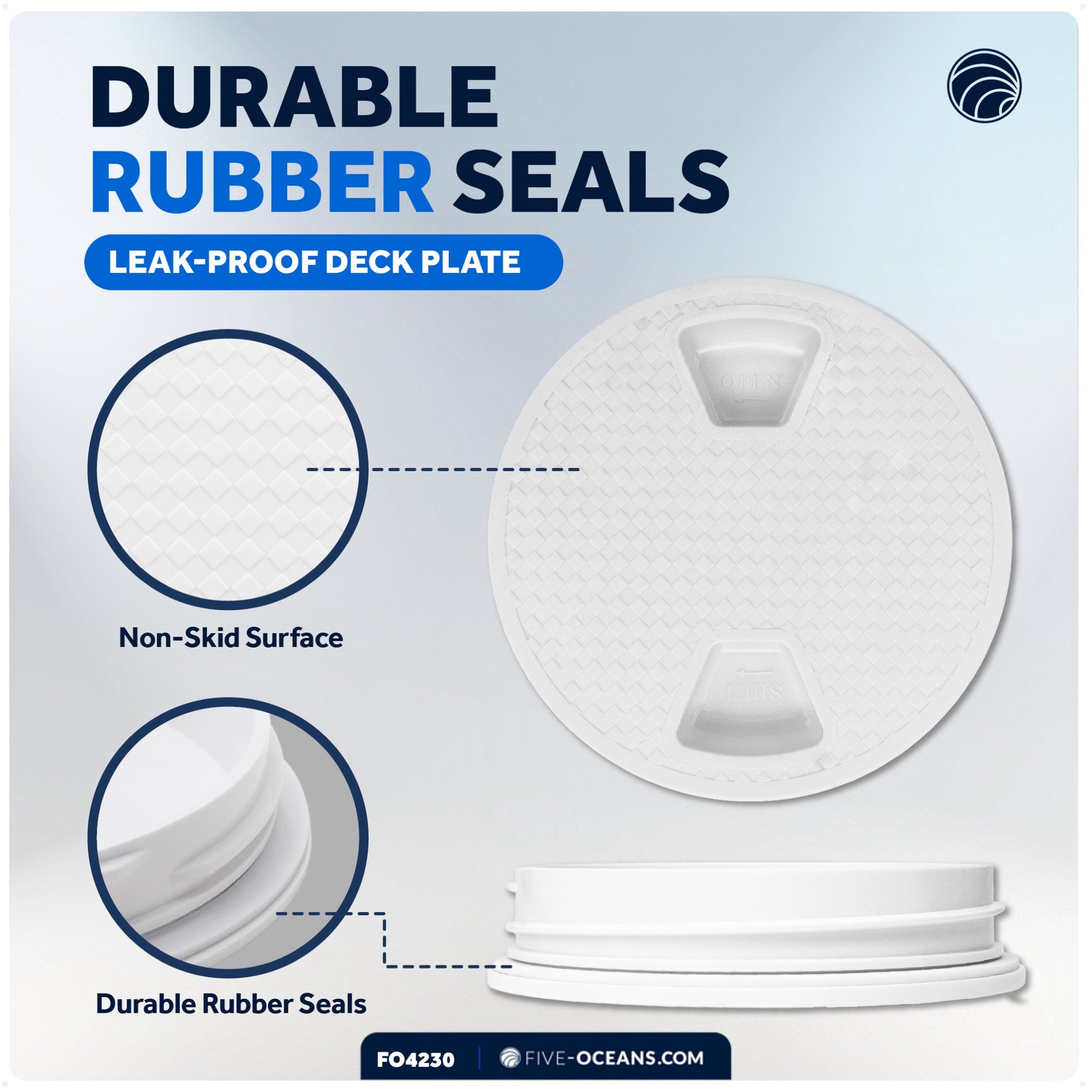 4" Deck Plate, Round Screw-in, Non-skid, White - Premium Series - FO4230 - Five Oceans