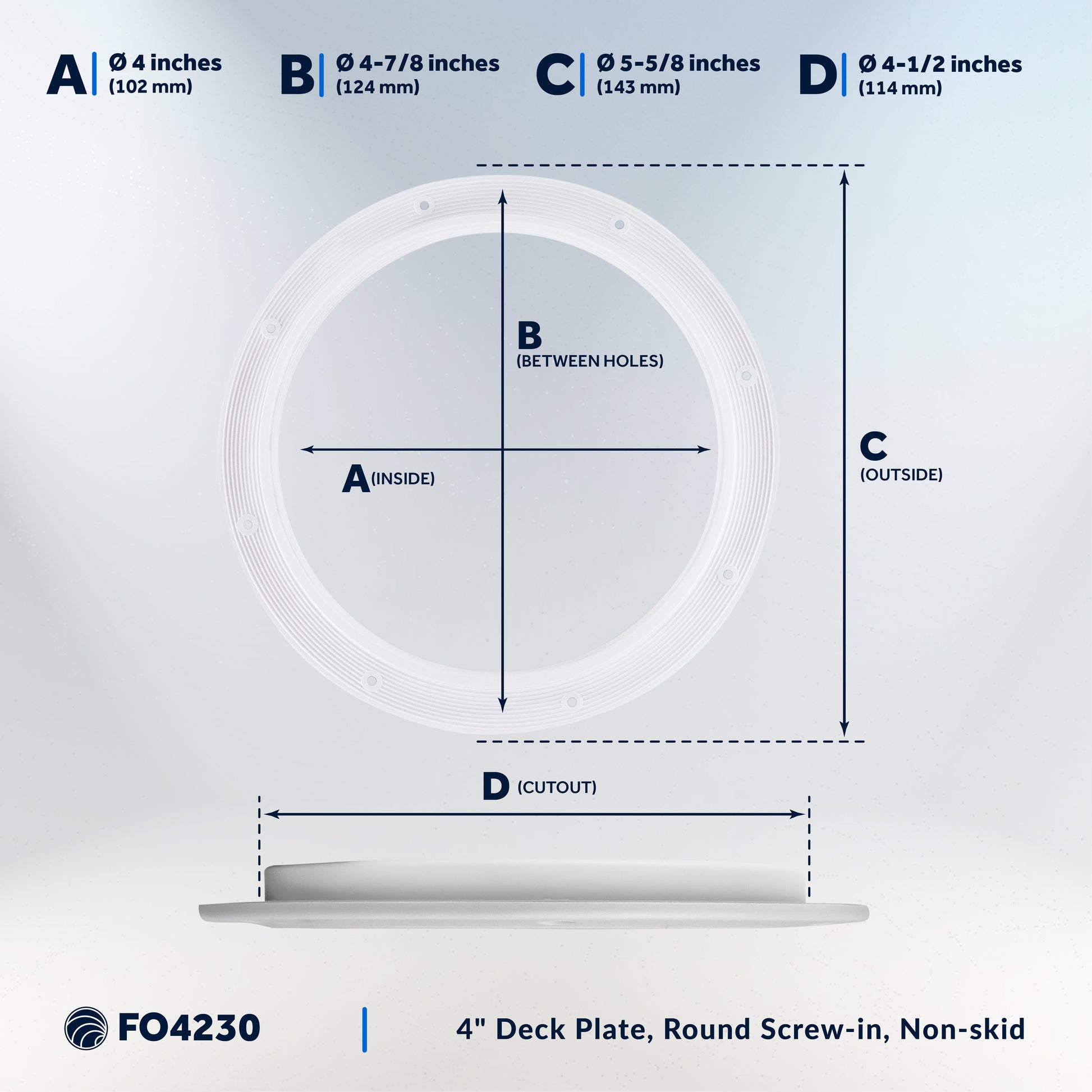 4" Deck Plate, Round Screw-in, Non-skid, White - Premium Series - FO4230 - Five Oceans