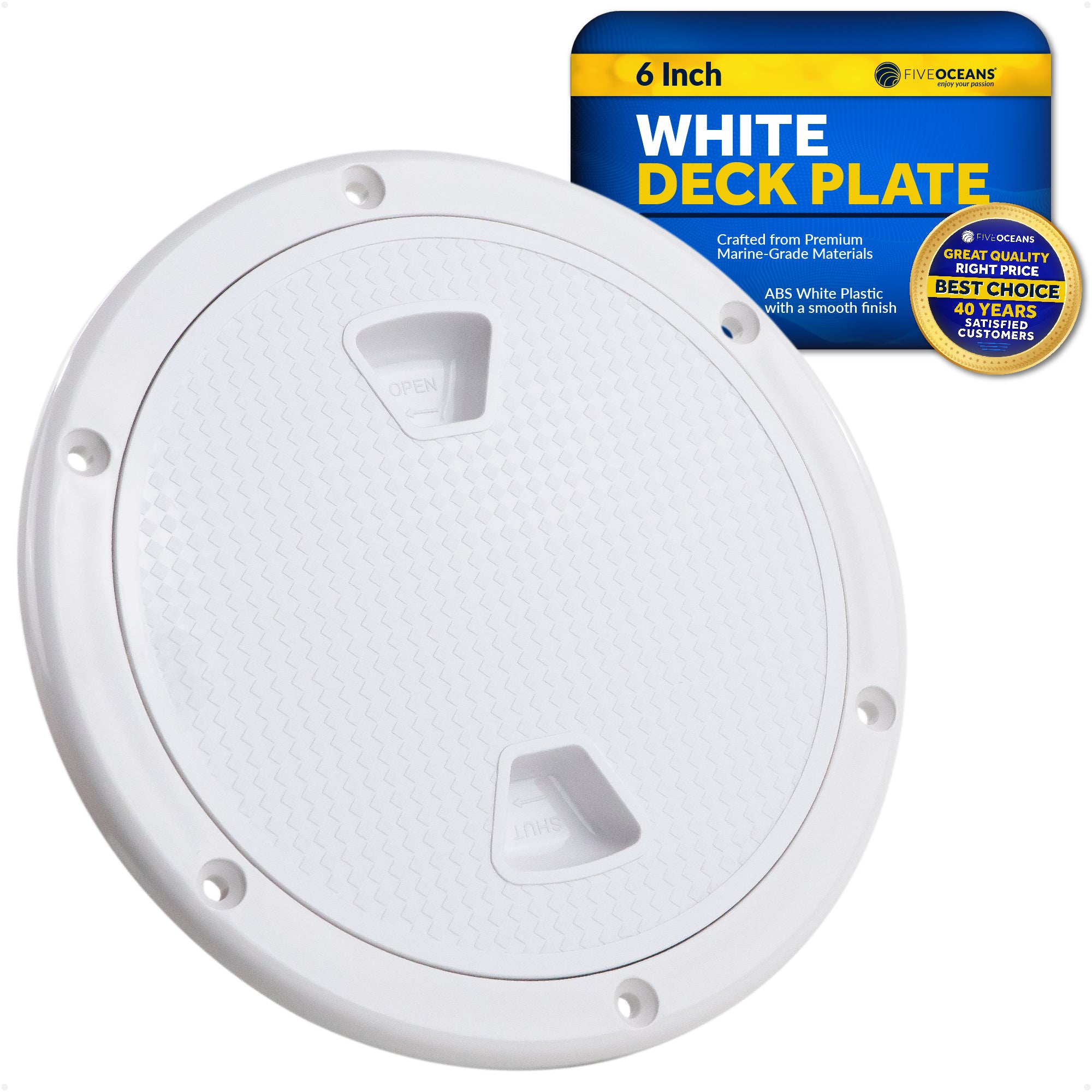 6" Deck Plate, Round Screw-in, Non-slip, White - Premium Series - FO4231 - Five Oceans