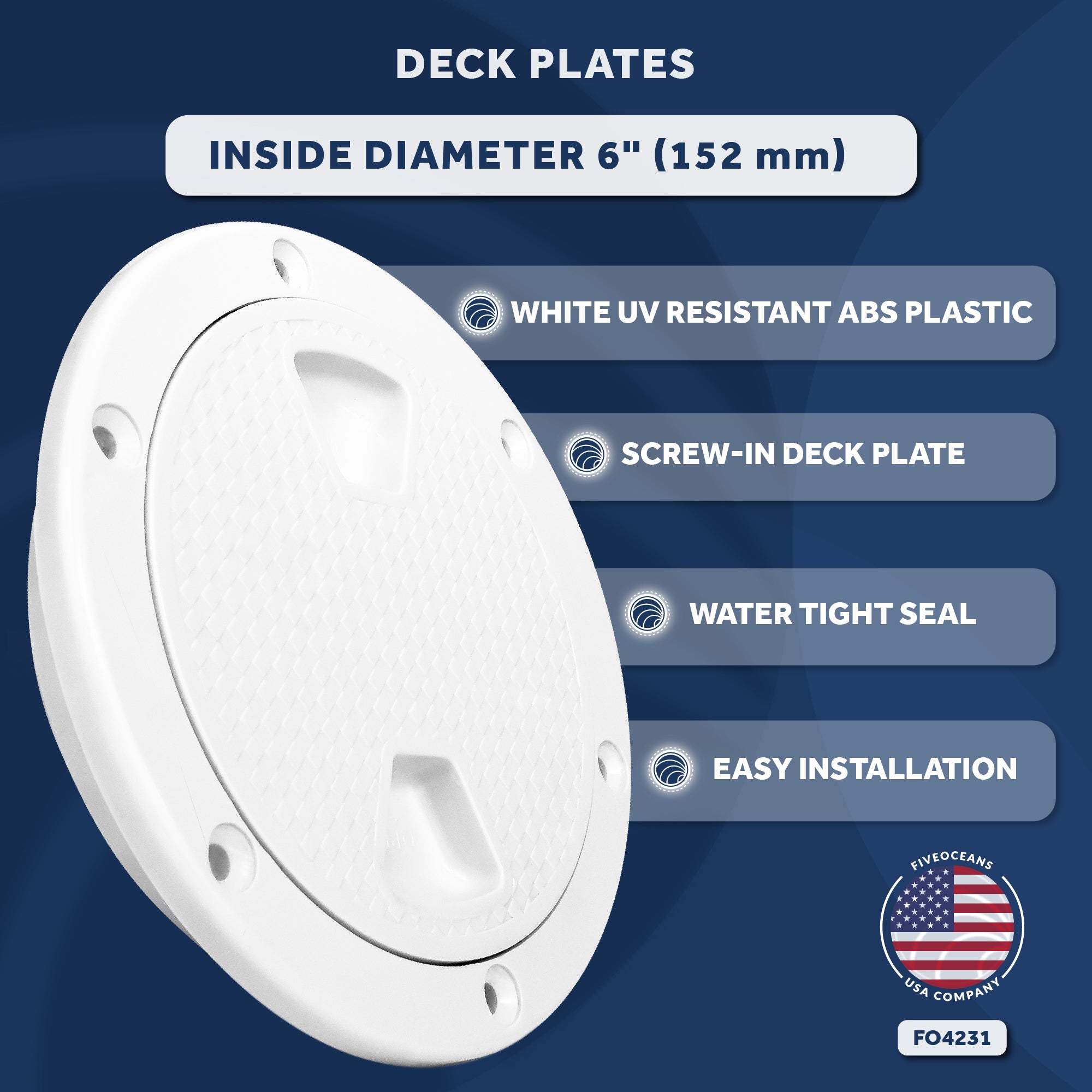 6" Deck Plate, Round Screw-in, Non-slip, White - Premium Series - FO4231