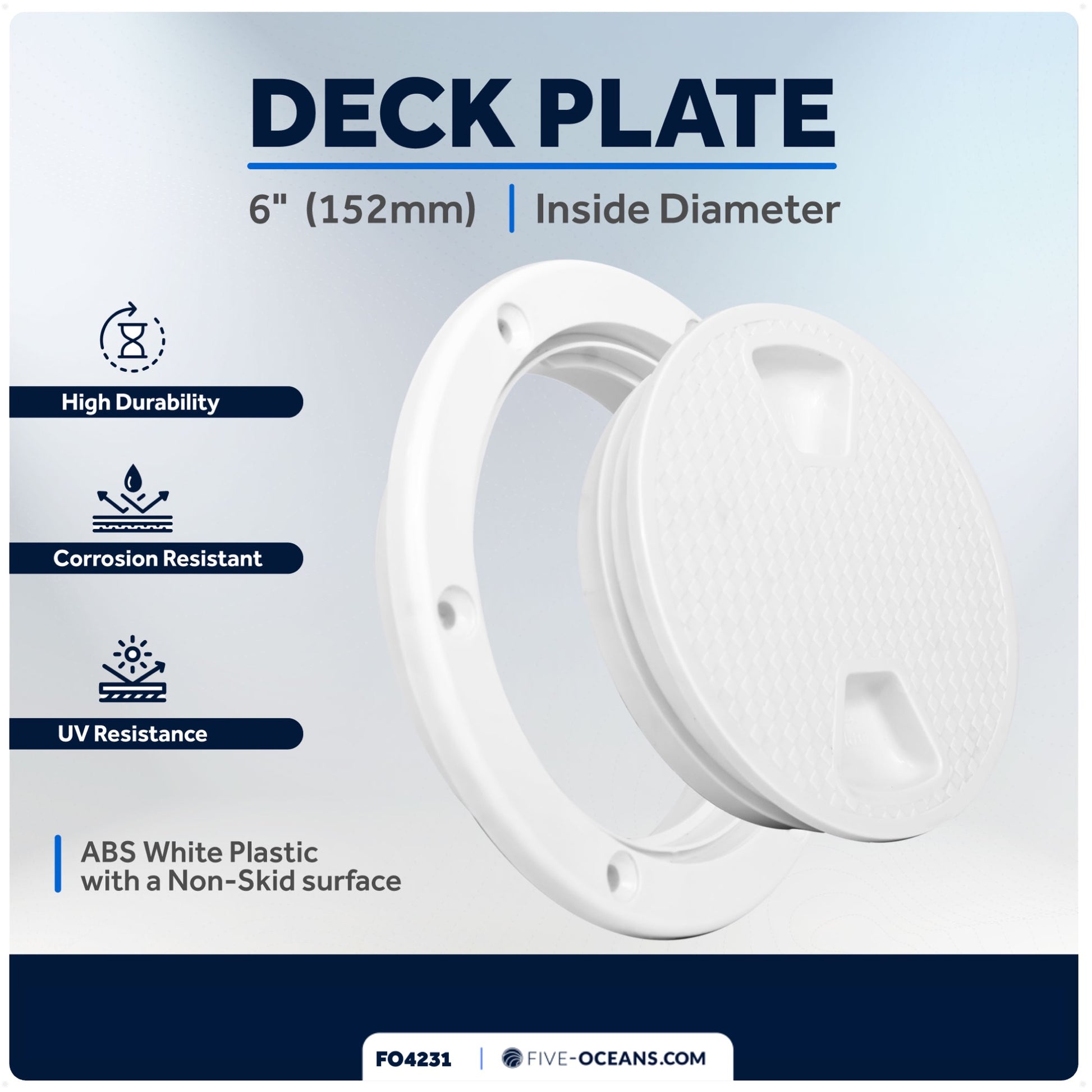 6" Deck Plate, Round Screw-in, Non-slip, White - Premium Series - FO4231 - Five Oceans