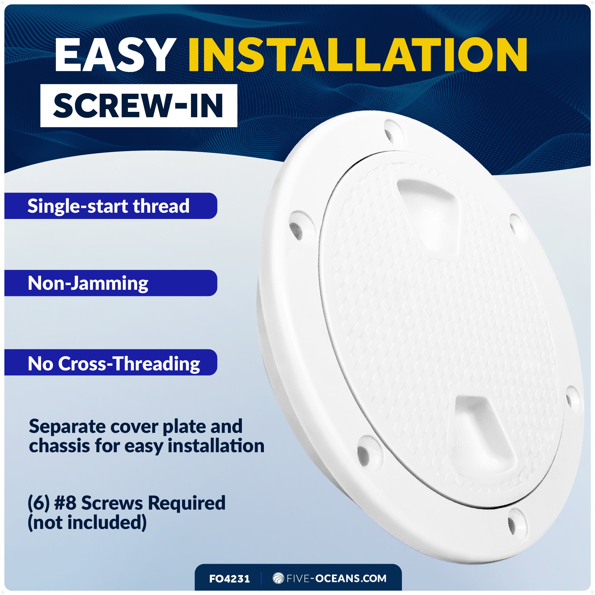 6" Deck Plate, Round Screw-in, Non-slip, White - FO4231 - Five Oceans