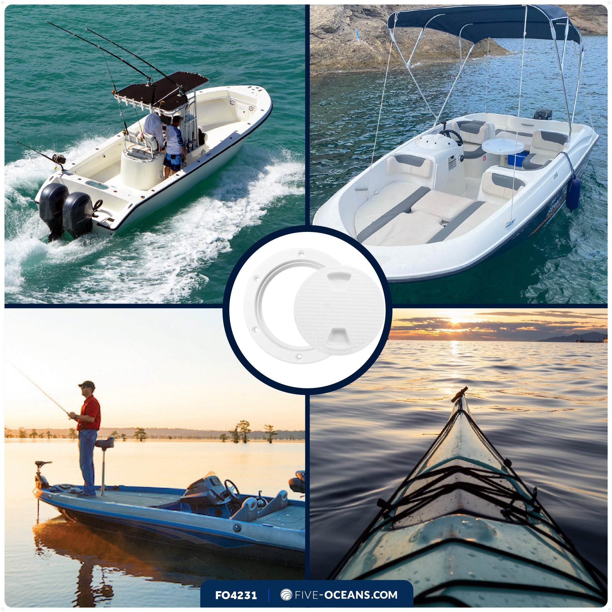 6" Deck Plate, Round Screw-in, Non-slip, White - FO4231 - Five Oceans