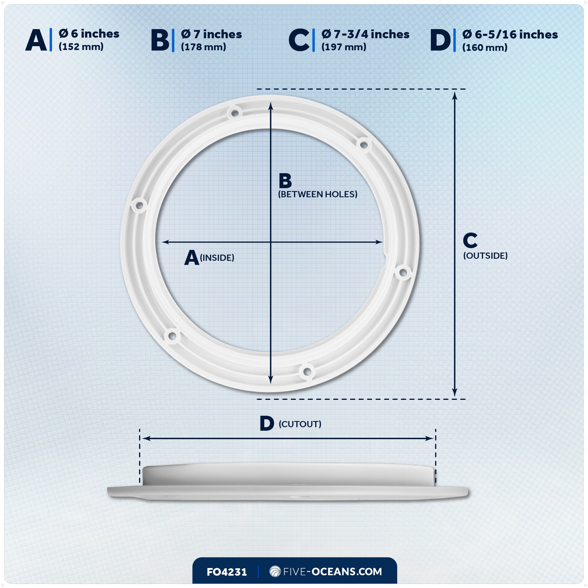 6" Deck Plate, Round Screw-in, Non-slip, White - FO4231 - Five Oceans