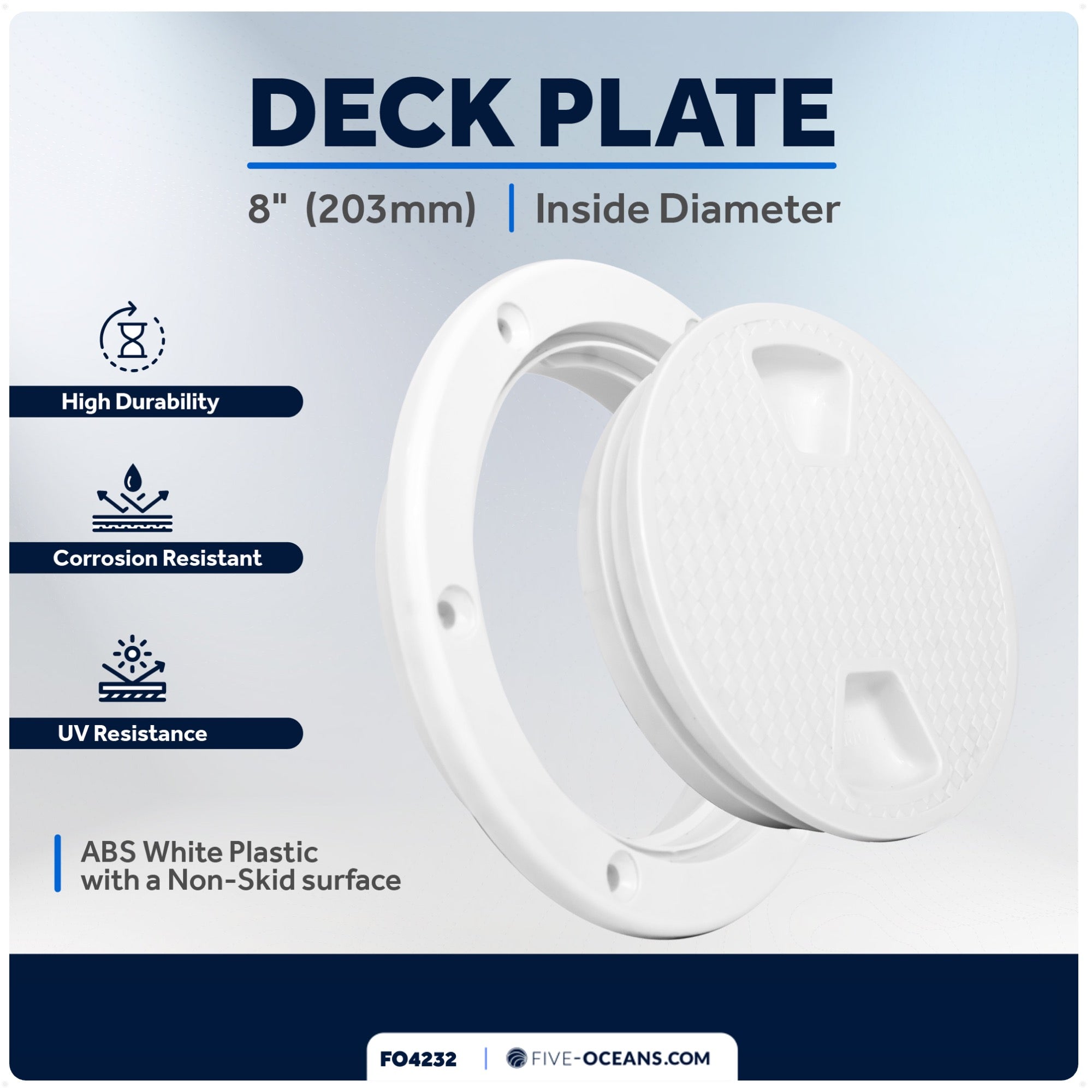 8" Deck Plate, Round Screw-in, Non-slip, White - Premium Series - FO4232 - Five Oceans
