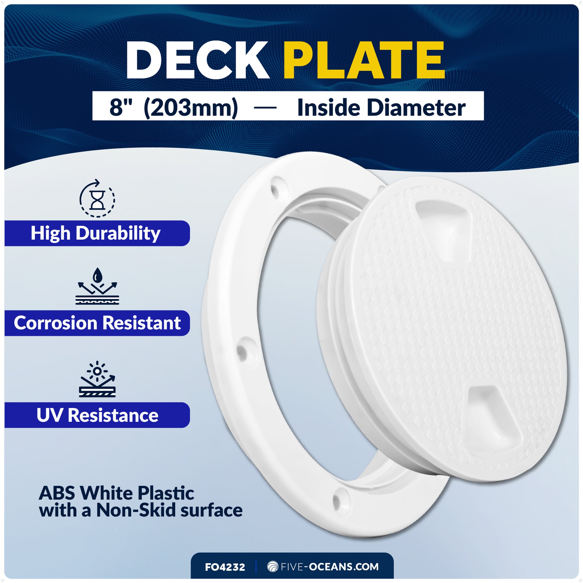 8" Deck Plate, Round Screw-in, Non-slip, White - FO4232 - Five Oceans