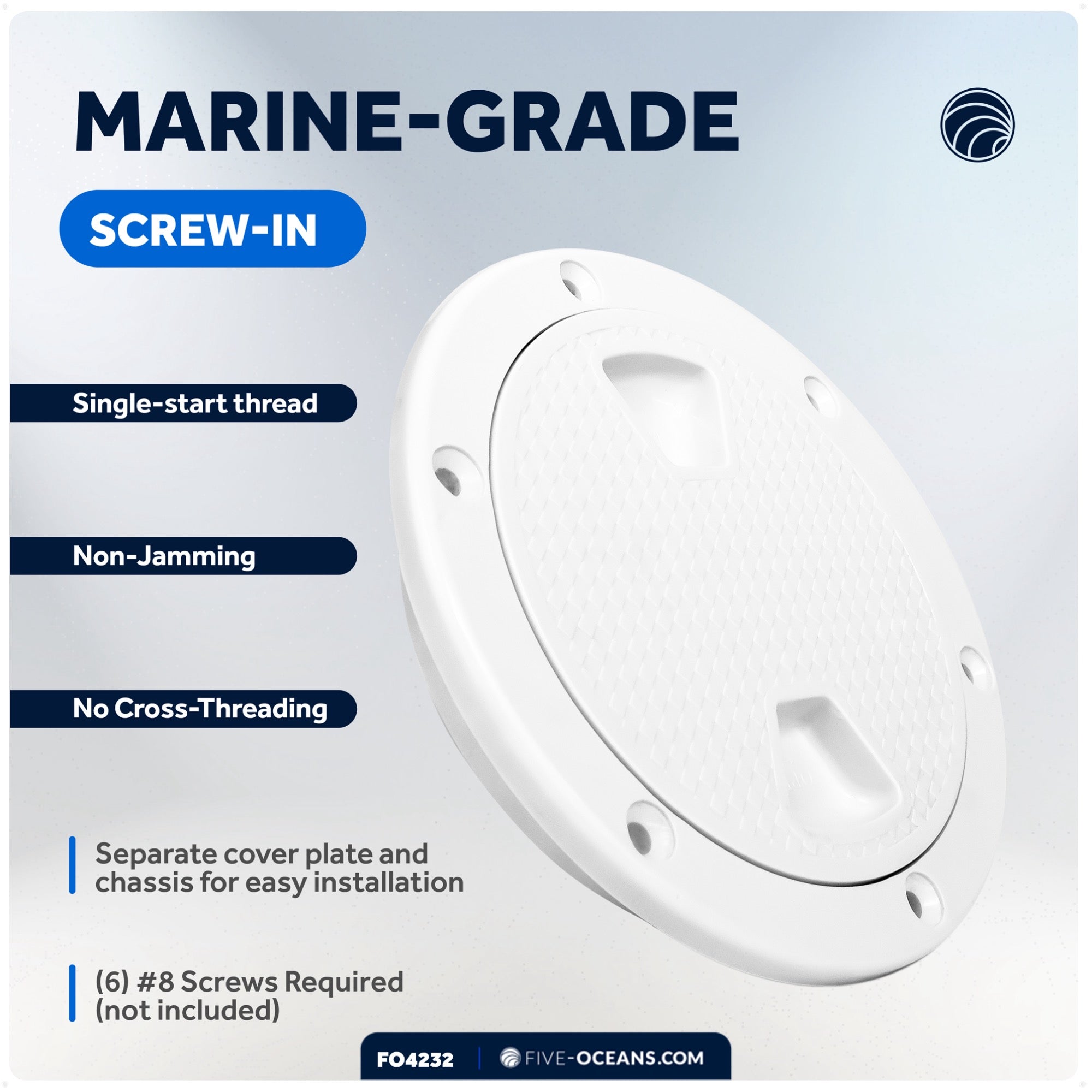8" Deck Plate, Round Screw-in, Non-slip, White - Premium Series - FO4232 - Five Oceans