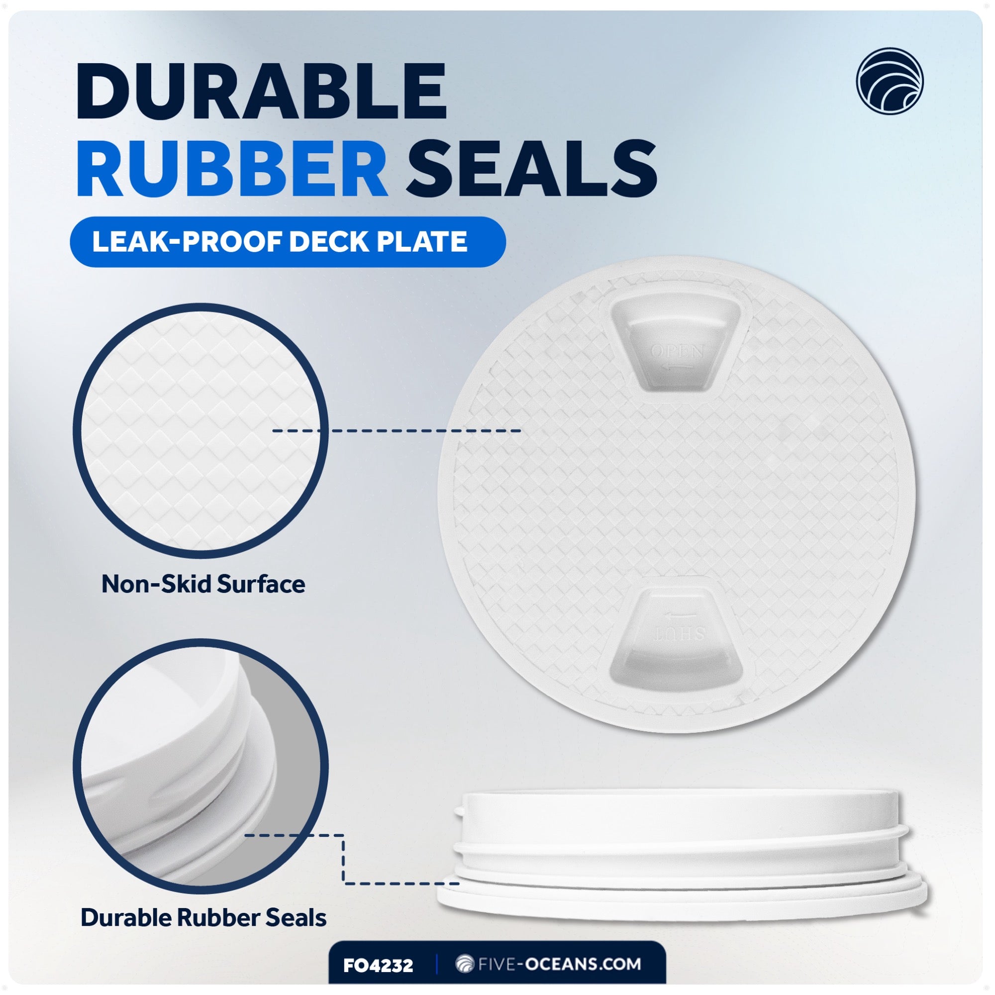 8" Deck Plate, Round Screw-in, Non-slip, White - Premium Series - FO4232 - Five Oceans