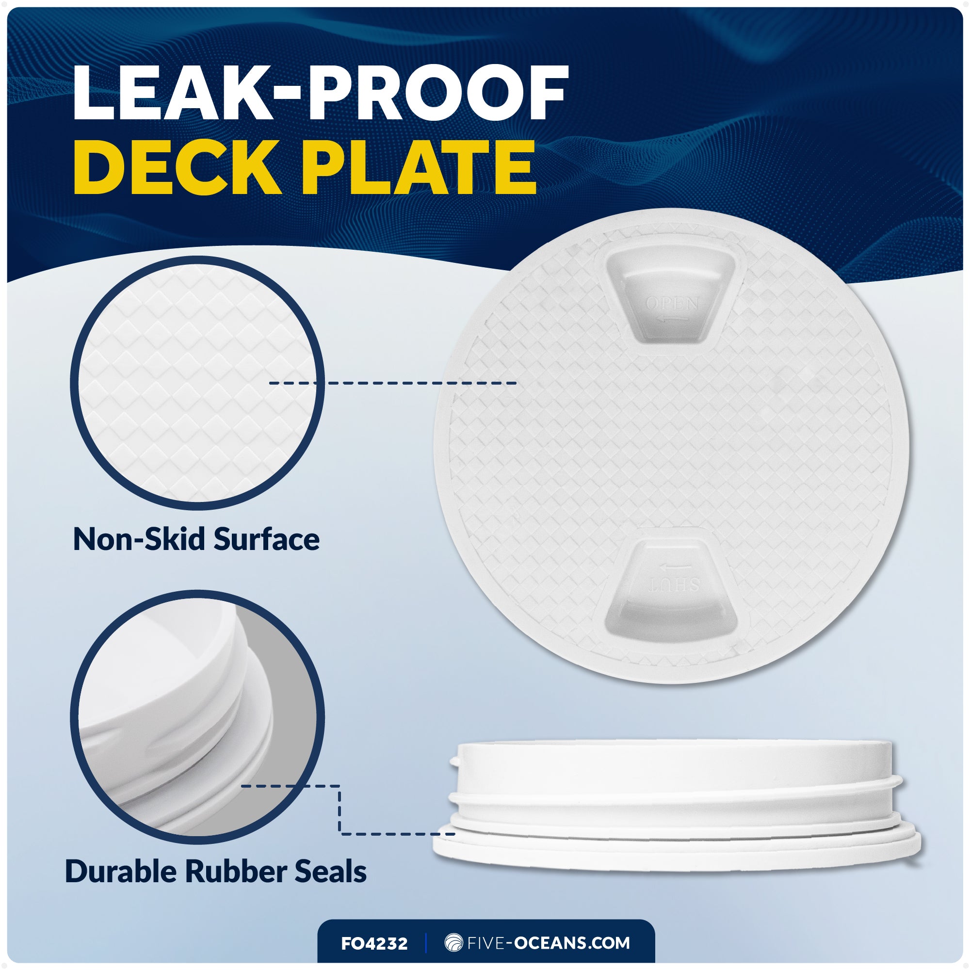 8" Deck Plate, Round Screw-in, Non-slip, White - FO4232 - Five Oceans