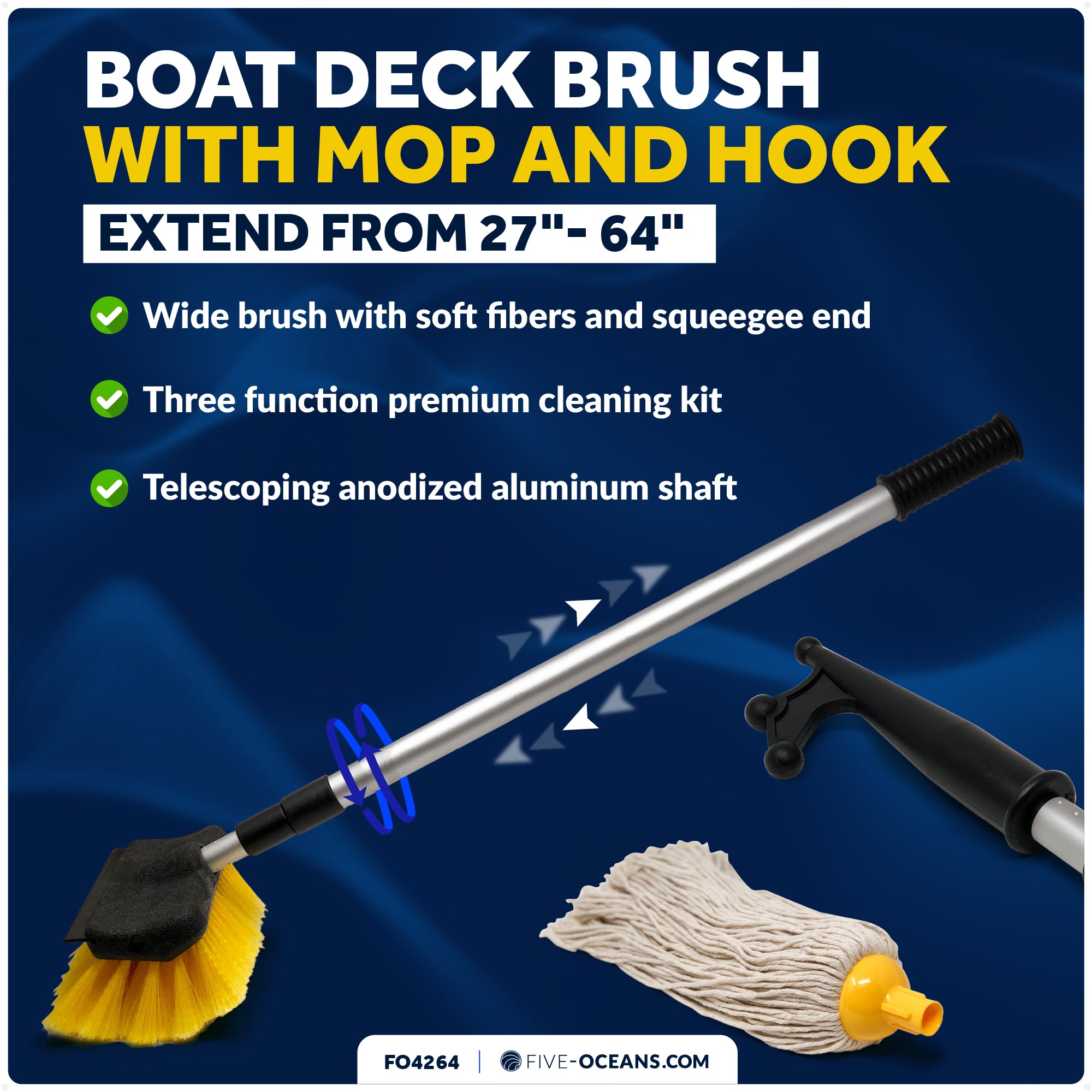 Boat Deck Brush with Mop and Hook, Extend from 27"- 64" - FO4264