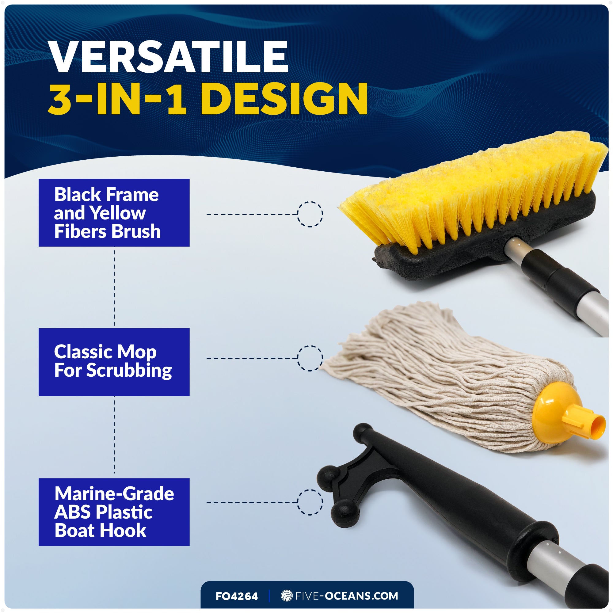 Boat Deck Brush with Mop and Hook, Extend from 27"- 64" - FO4264