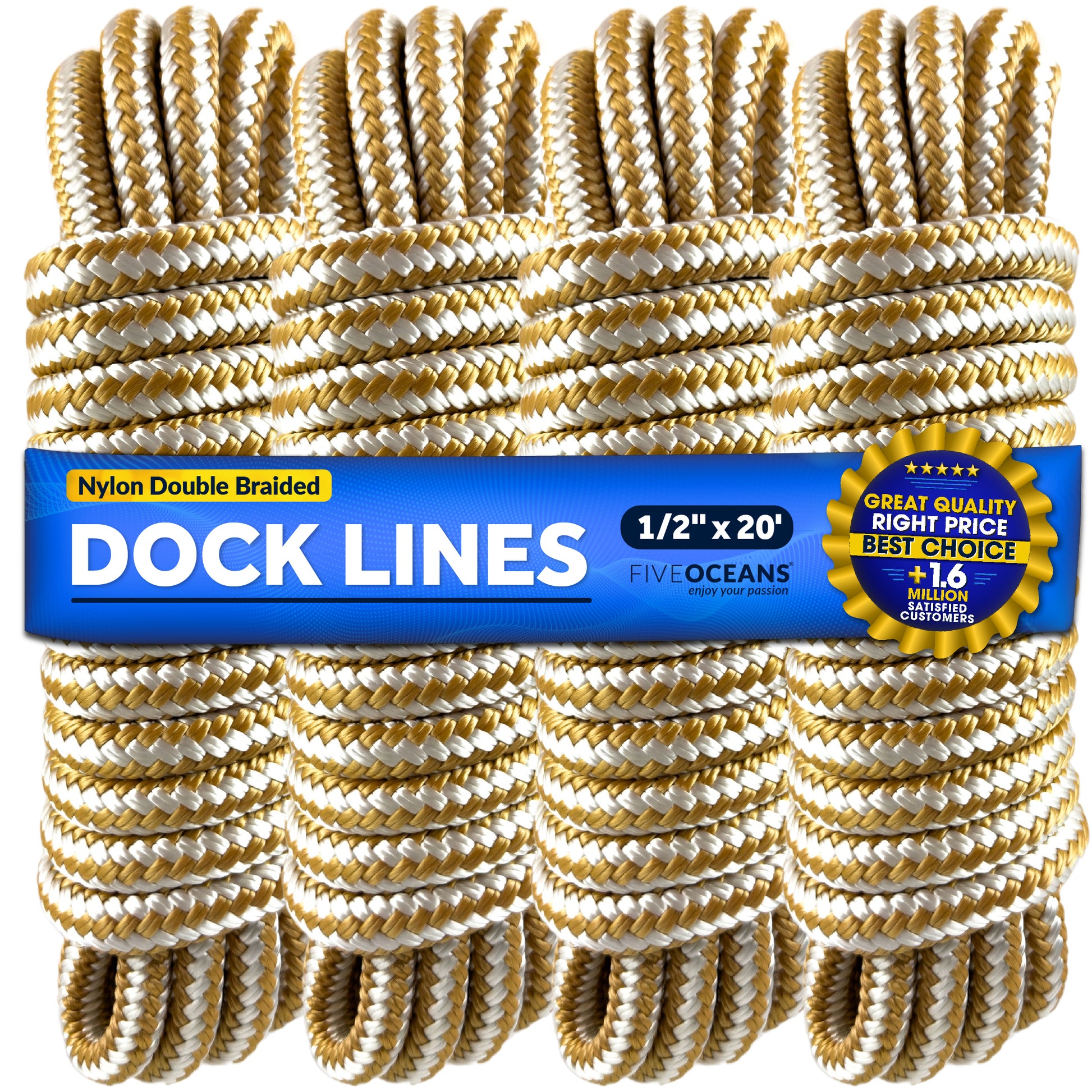 Dock Lines, 1/2" x 20', Gold/White Nylon Double Braided with 12" Eyelet, 4-Pack - FO4274-M4 - Five Oceans