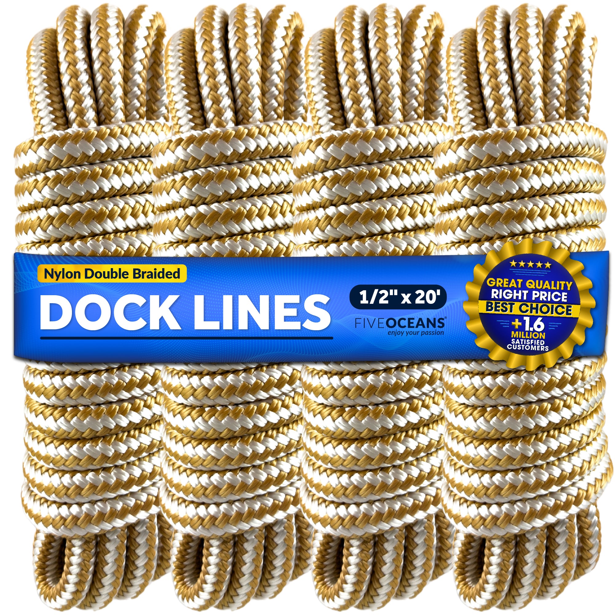 Dock Lines, 1/2" x 20', Gold/White Nylon Double Braided with 12" Eyelet, 4-Pack - FO4274-M4 - Five Oceans