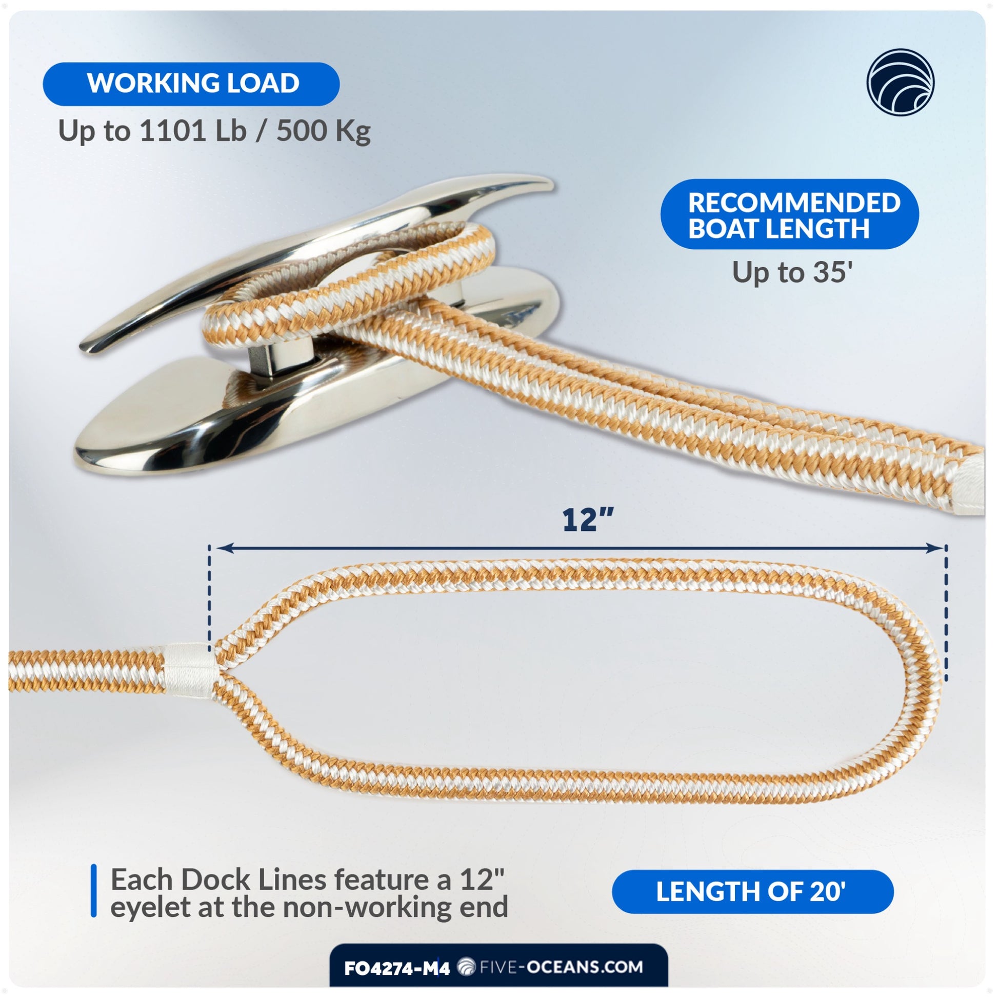 Dock Lines, 1/2" x 20', Gold/White Nylon Double Braided with 12" Eyelet, 4-Pack - FO4274-M4 - Five Oceans