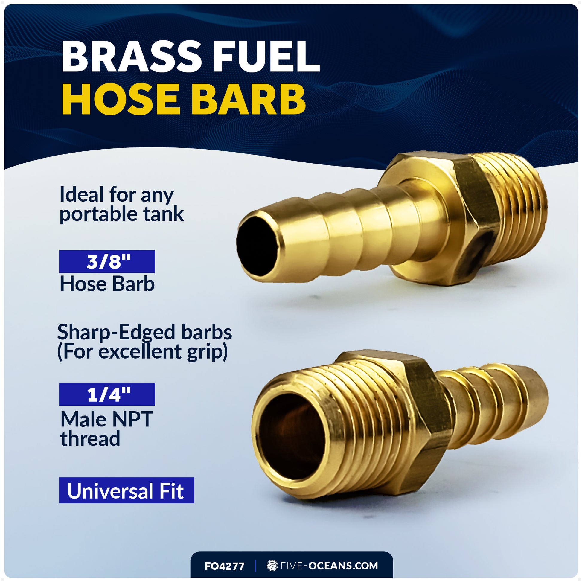 1/4" NPT Universal Fuel Tank Connector, 3/8" Barb Hose, Brass - FO4277 - Five Oceans