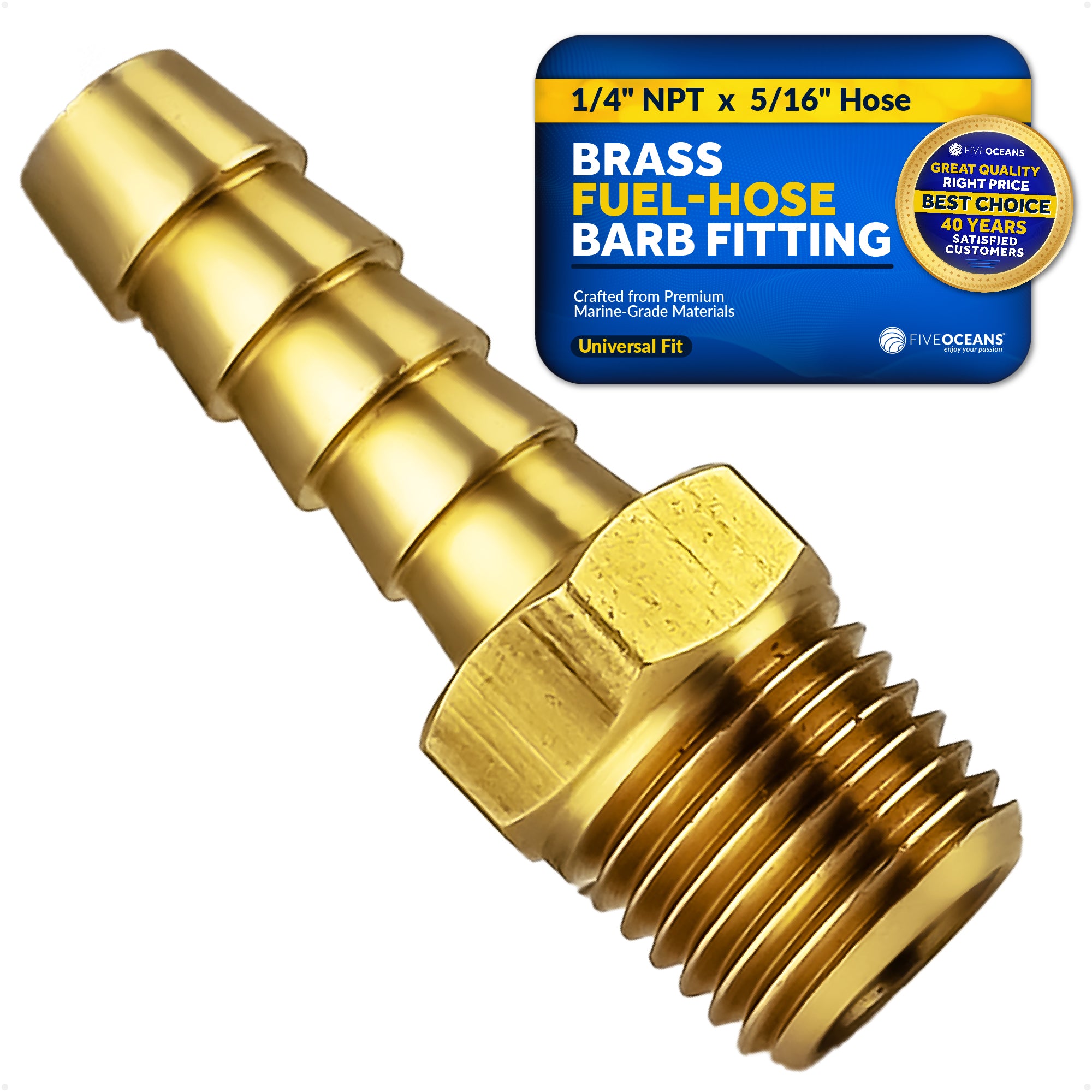 Brass Fuel Hose Barb 1/4" NPT Thread x 5/16" Hose - FO4278 - Five Oceans