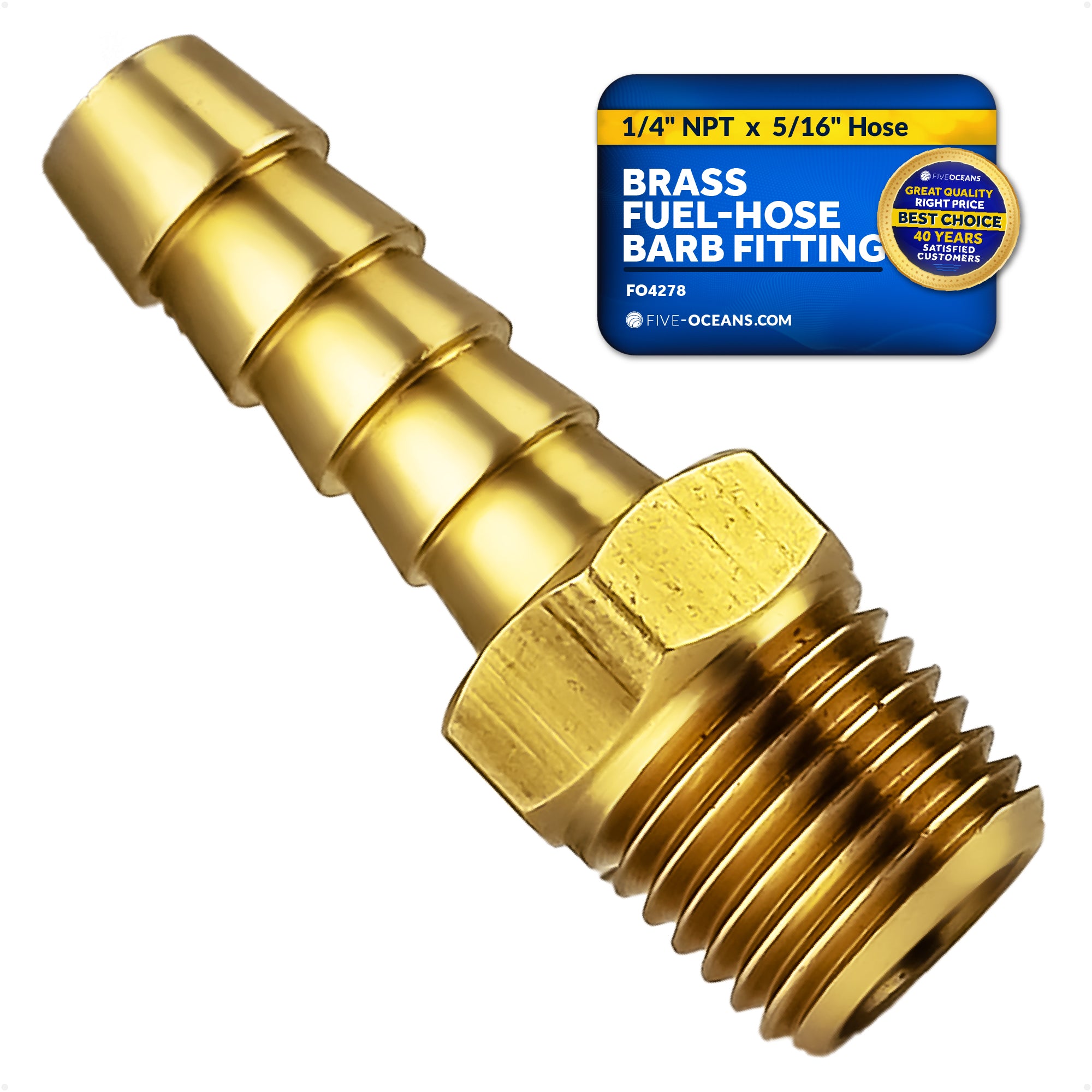Brass Fuel Hose Barb 1/4&quot; NPT Thread x 5/16&quot; Hose - FO4278 | Five 